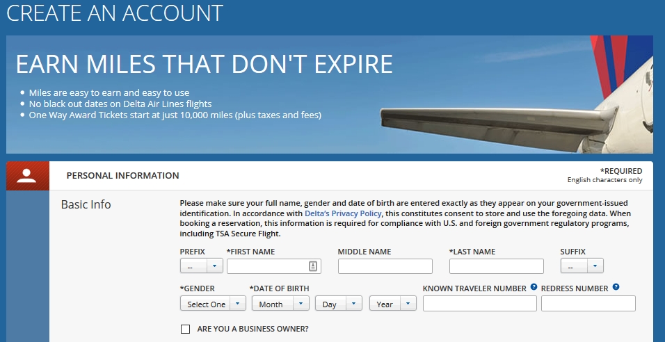 Delta SkyMiles Enrollment Page