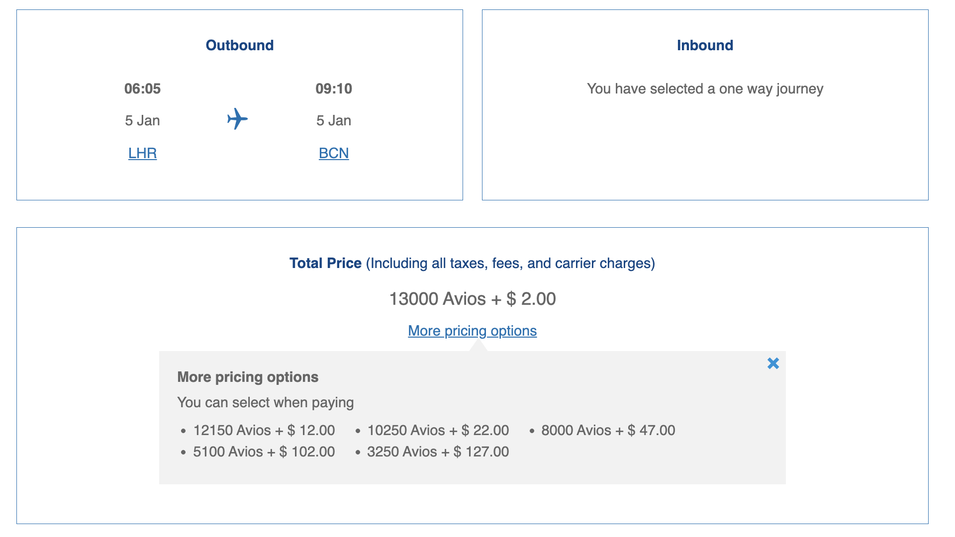 British Airways Reward Flight Saver pricing example ba avios lhr bcn economy award pricing