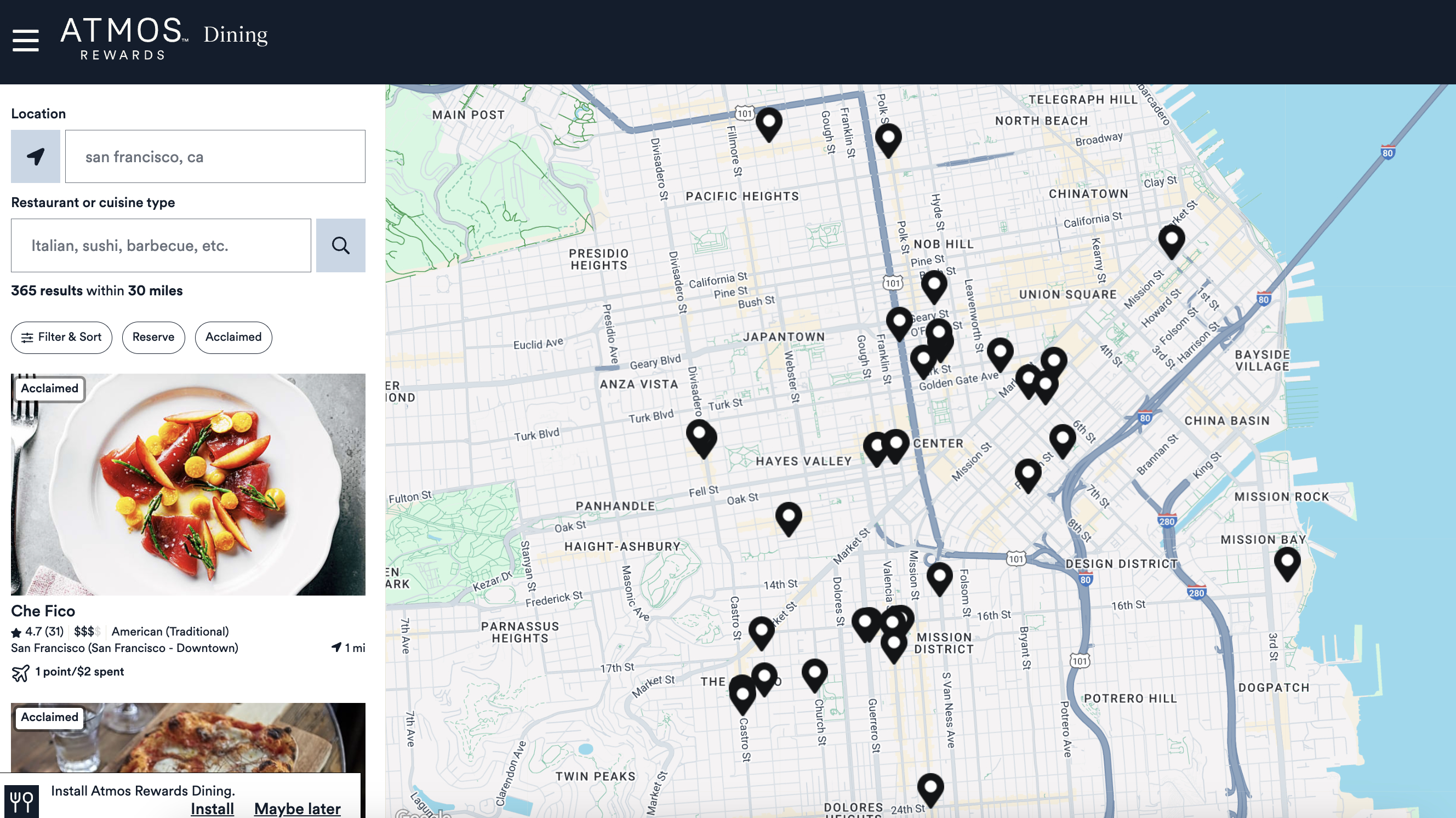 Atmos rewards dining map view of restauranst