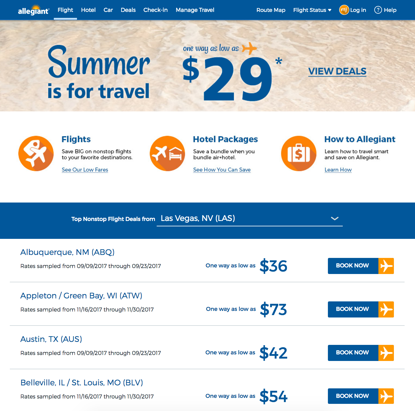 Example fares from Las Vegas on Allegiant Air