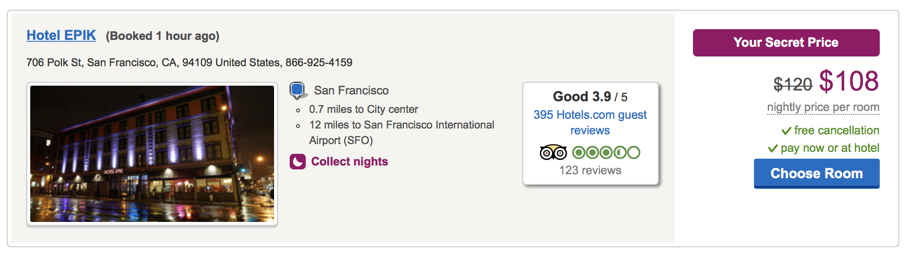 Hotels.com result with secret price listed