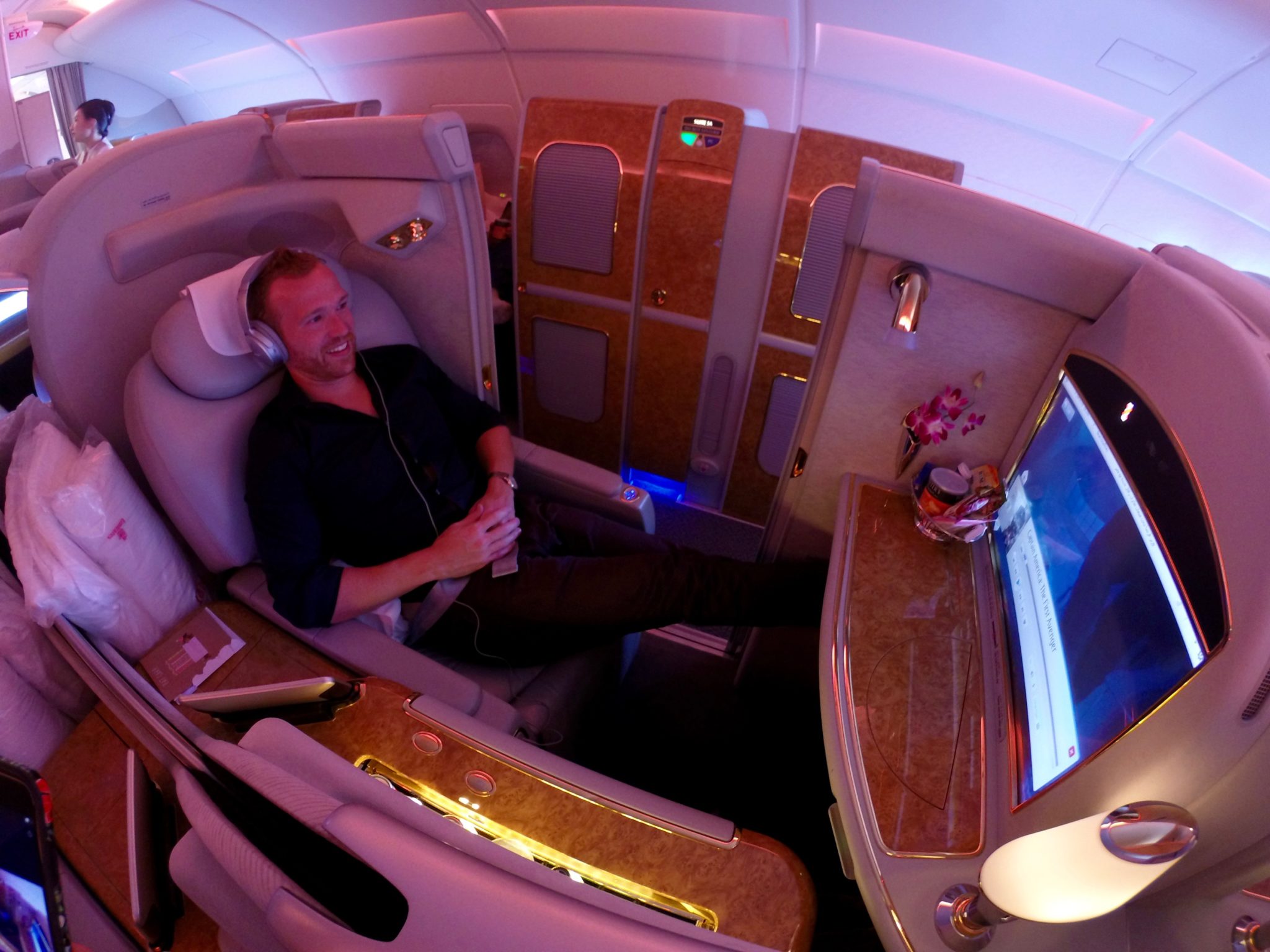 Emirates First Class A380 - Seat 2E Enjoying A Movie