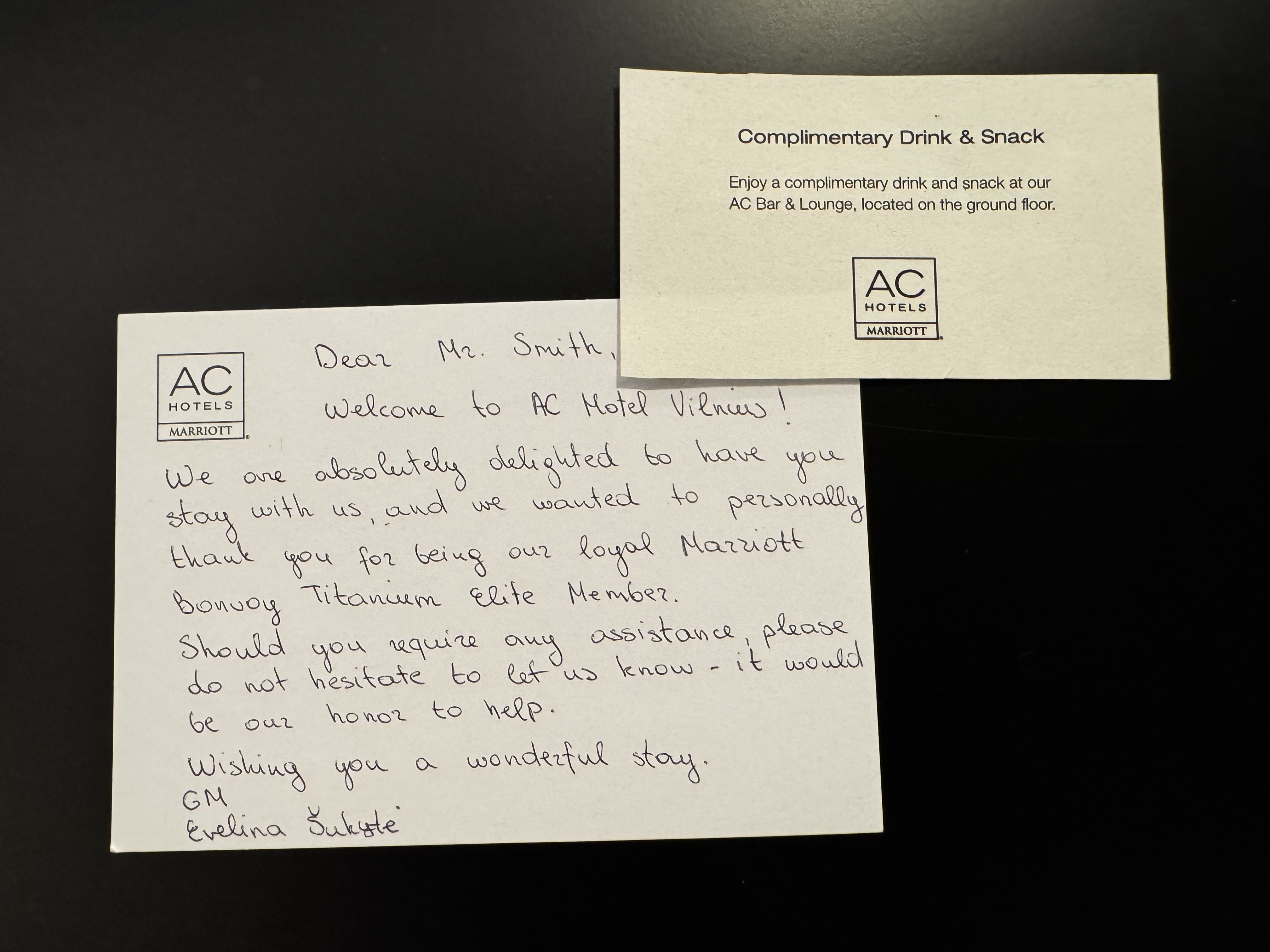 AC Hotel Vilnius welcome note