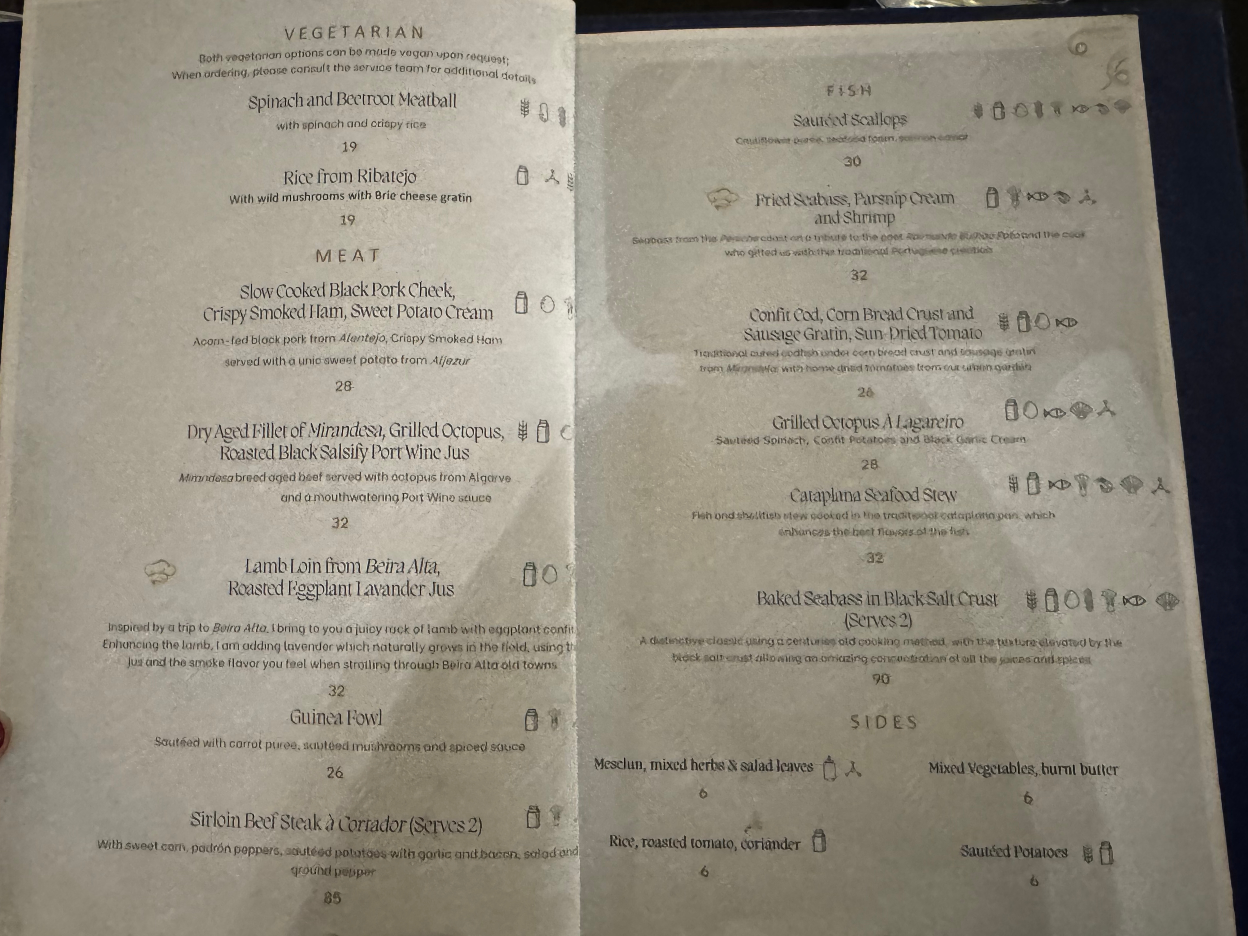 Accor Sofitel Lisbon Liberdade Matiz Restaurant menu veg meat fish