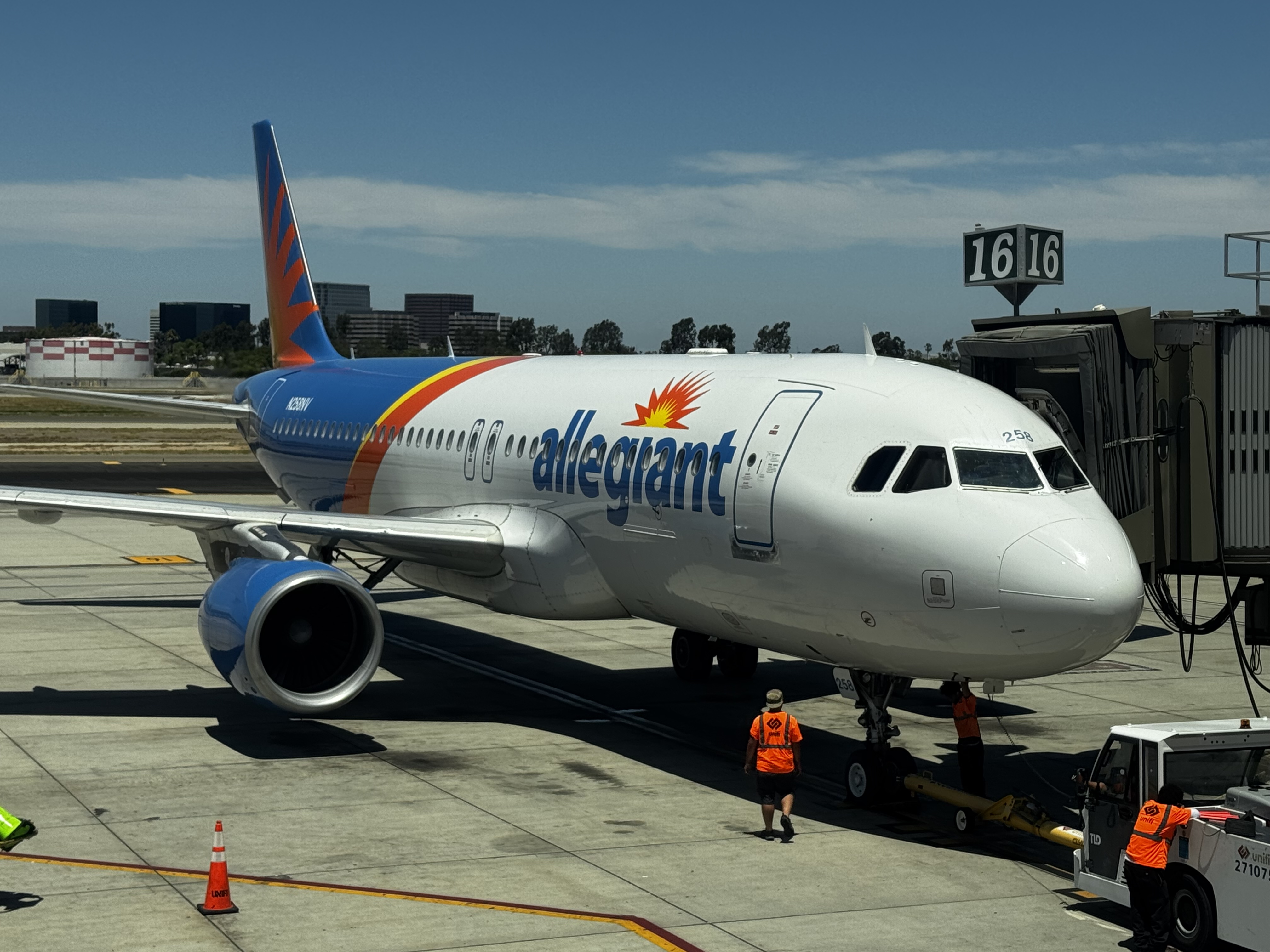 Allegiant Air A320 plane at gate SNA closeup Allegiant Air A320 plane at gate SNA closeup