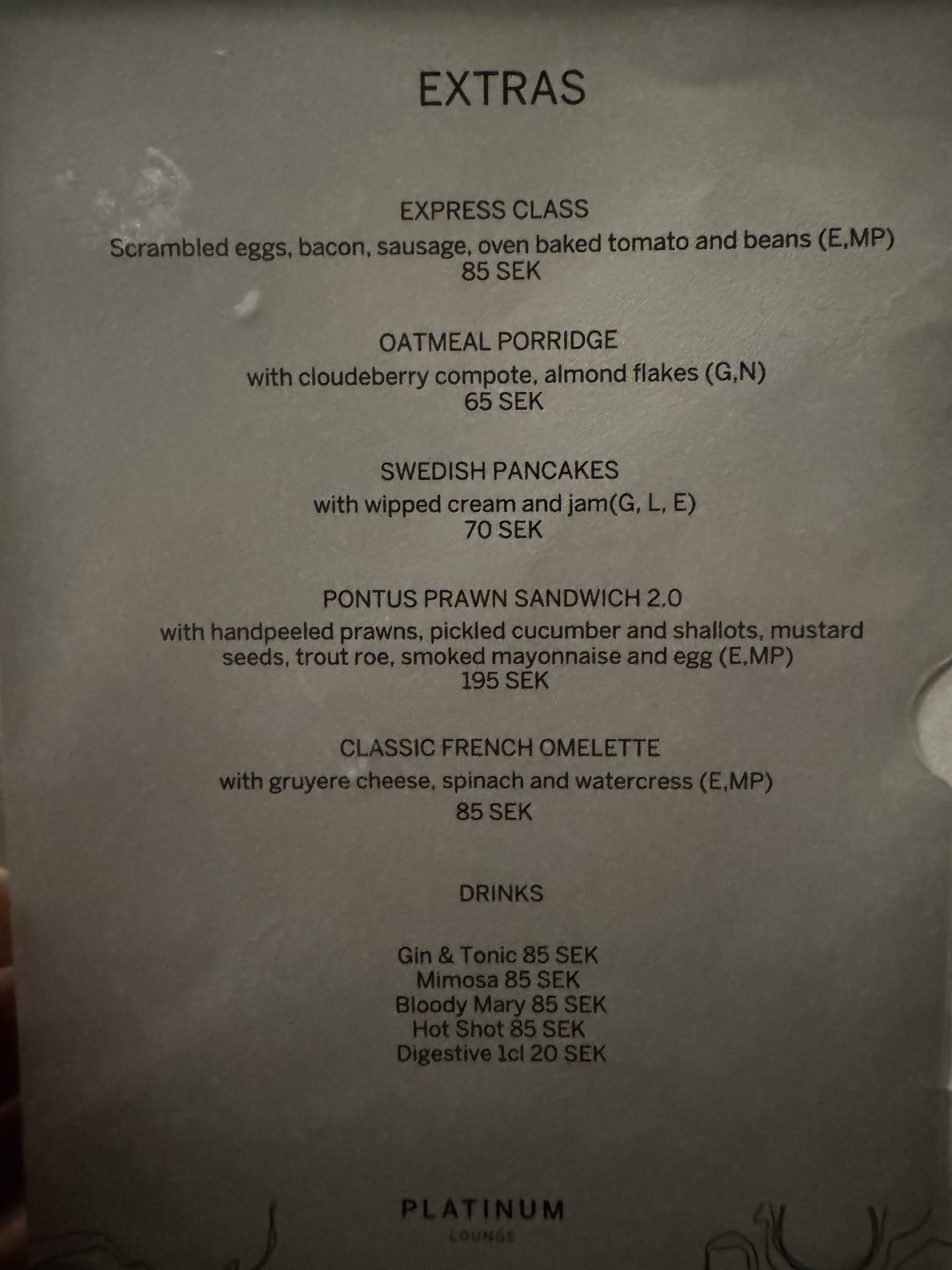 American Express Lounge Stockholm ARN menu