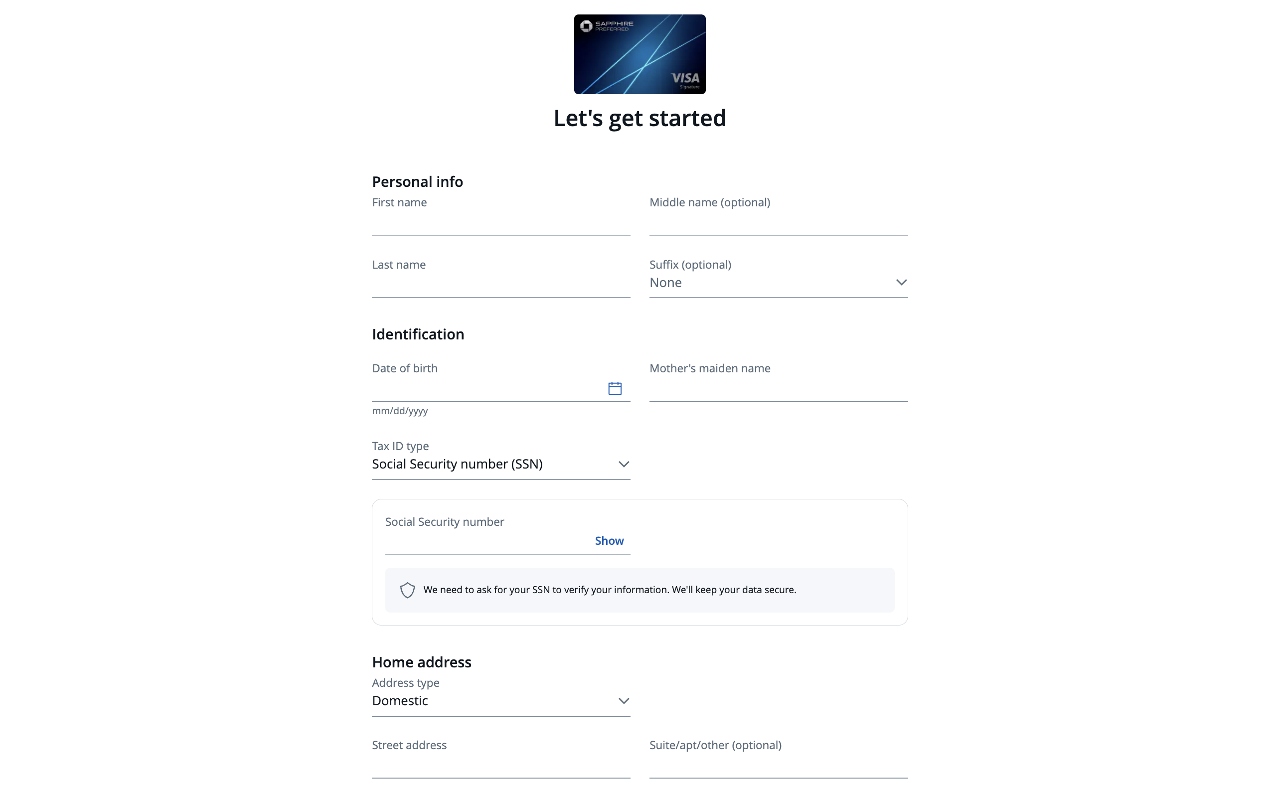 Chase Sapphire Preferred Card application page Chase Sapphire Preferred Card application page