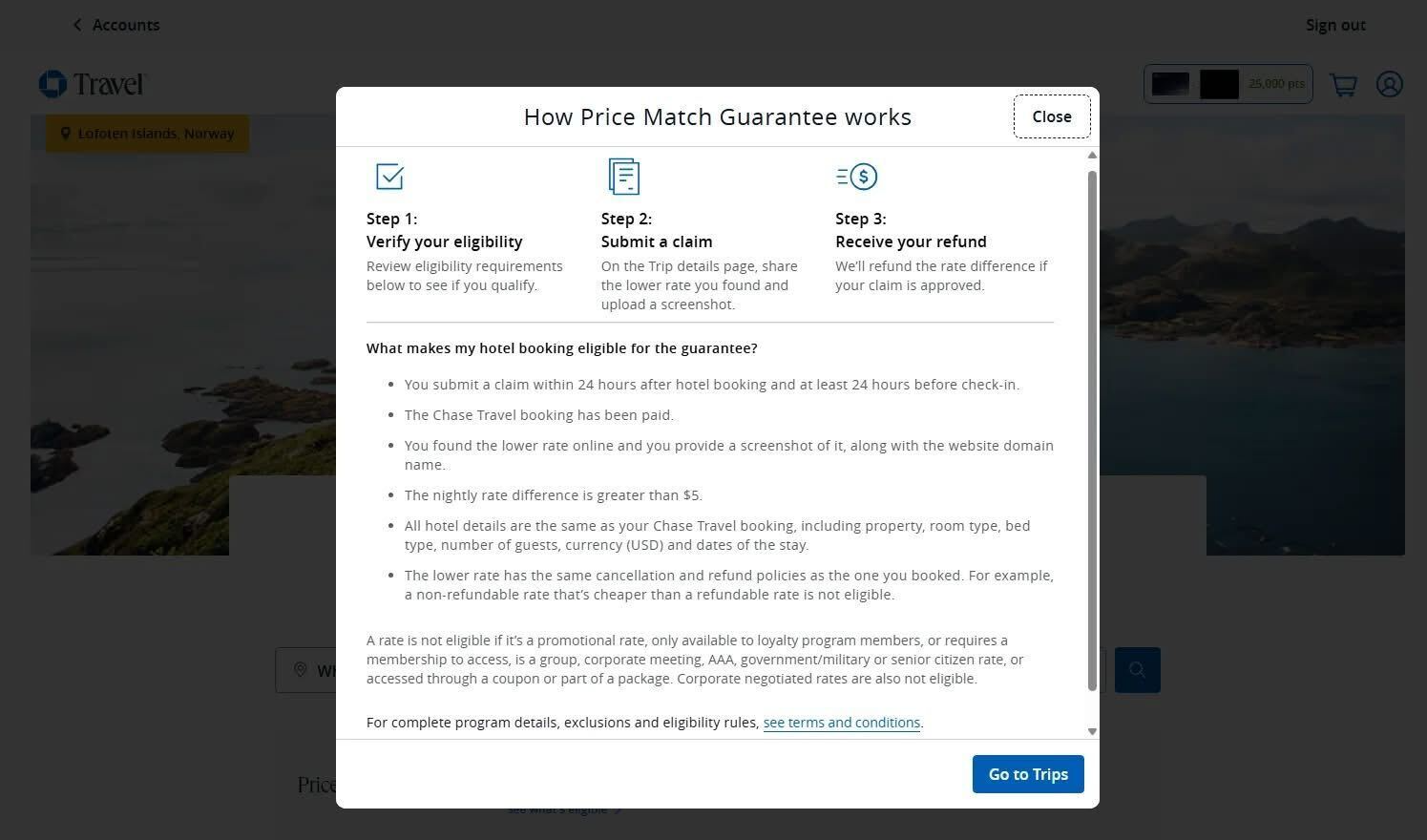 Chase Travel price match terms