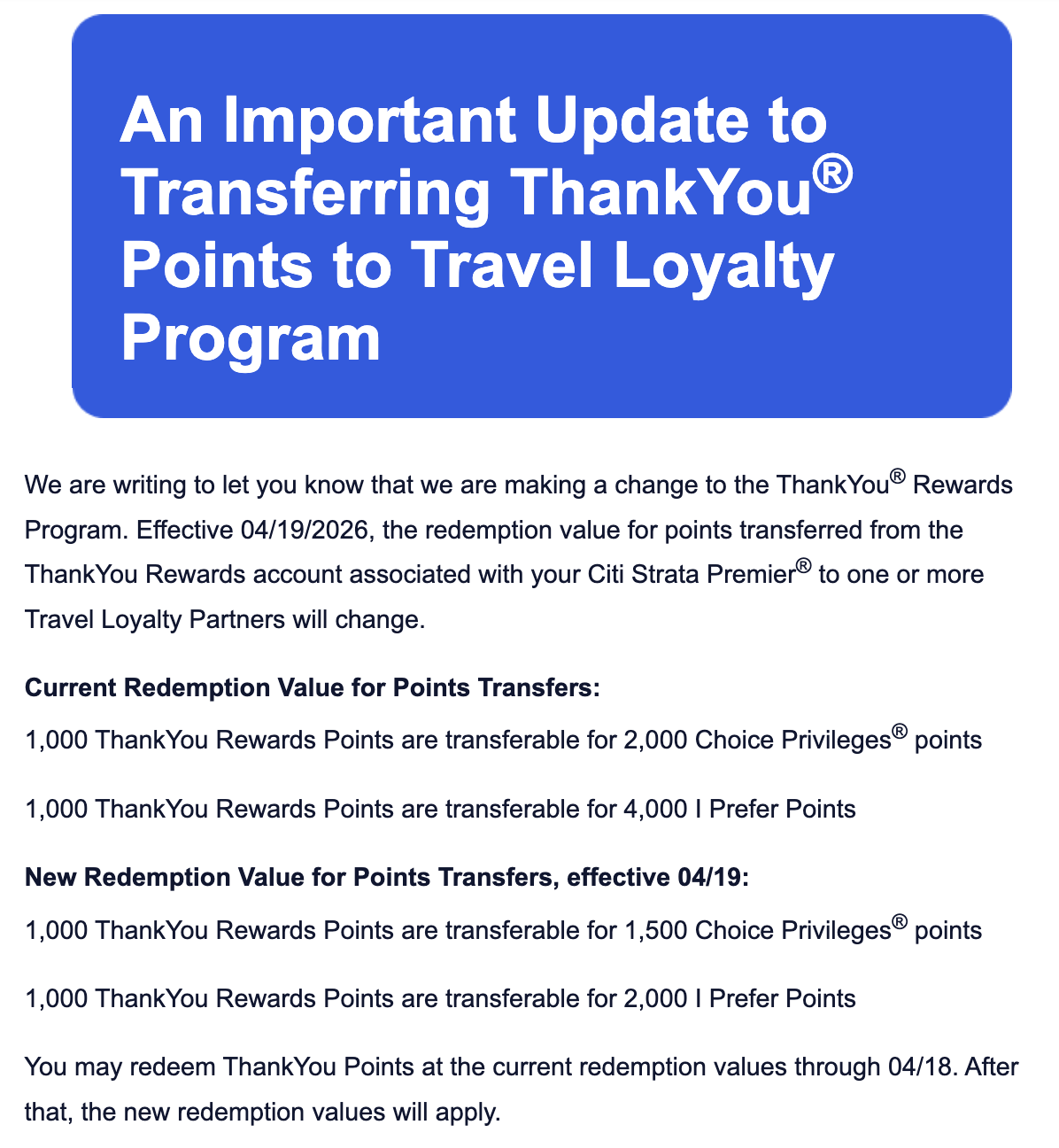 Citi 2026 points transfer change Citi 2026 points transfer change
