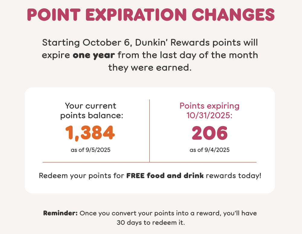 Dunkink Rewards point expiration changes