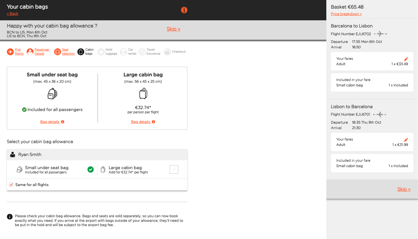 EasyJet cabin bag fees BCN LIS BCN reservation