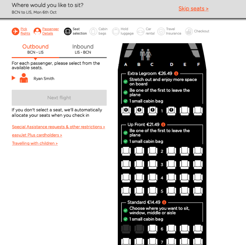 EasyJet seat selection fees BCN LIS BCN reservation