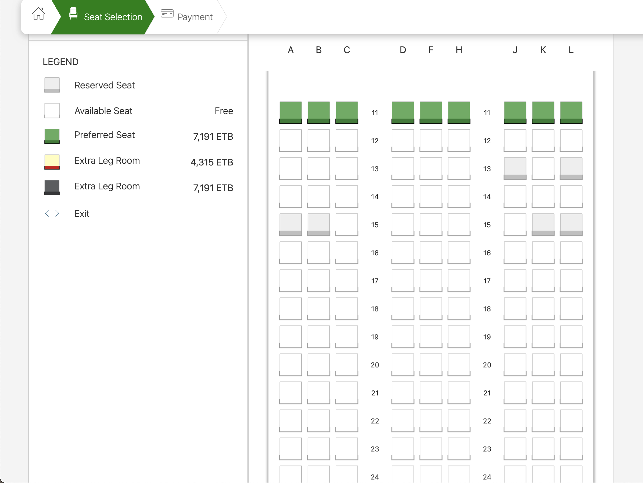 Ethiopian Airlines seat map fees
