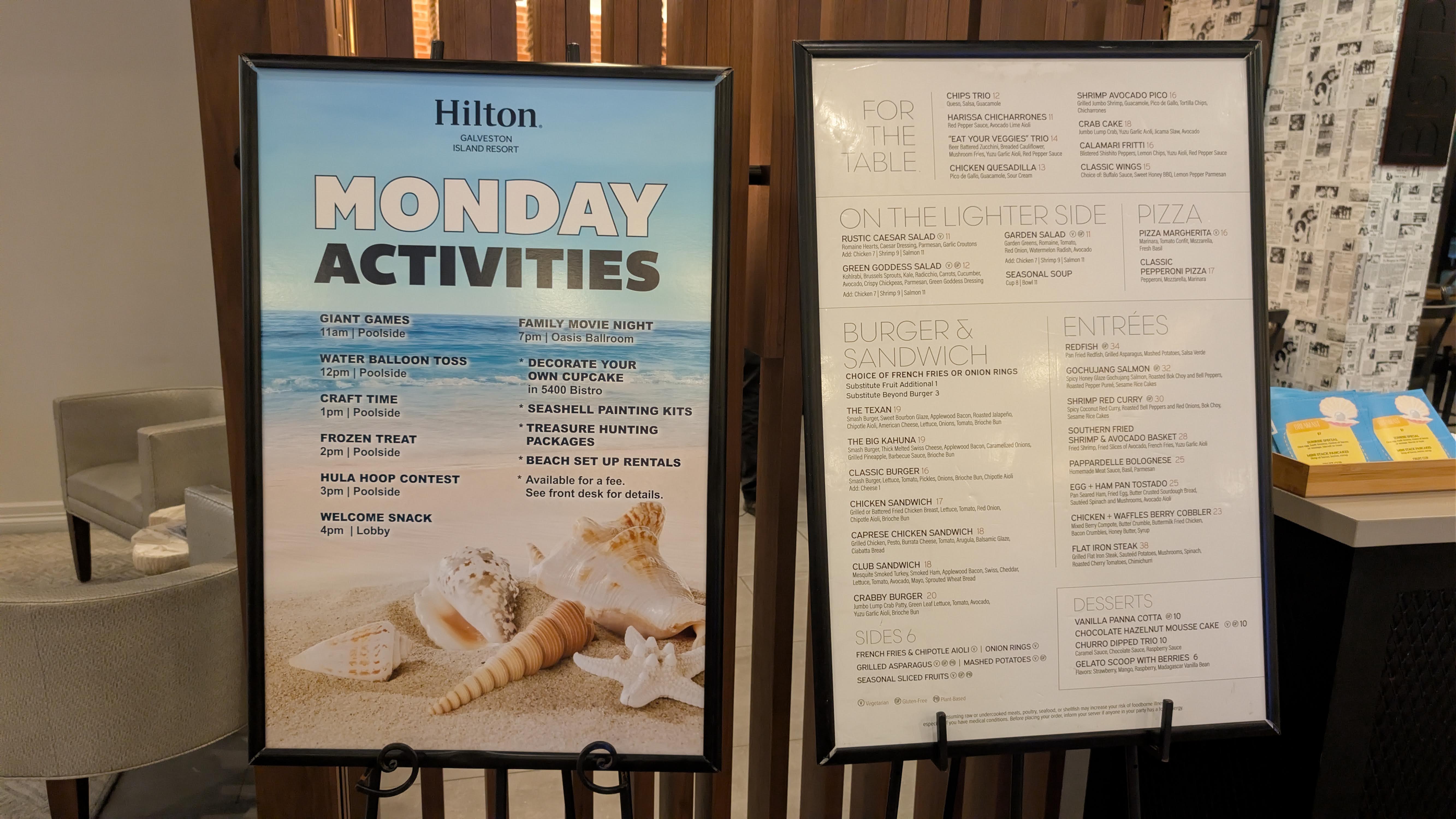 Hilton Galveston Island Resort activities and menu