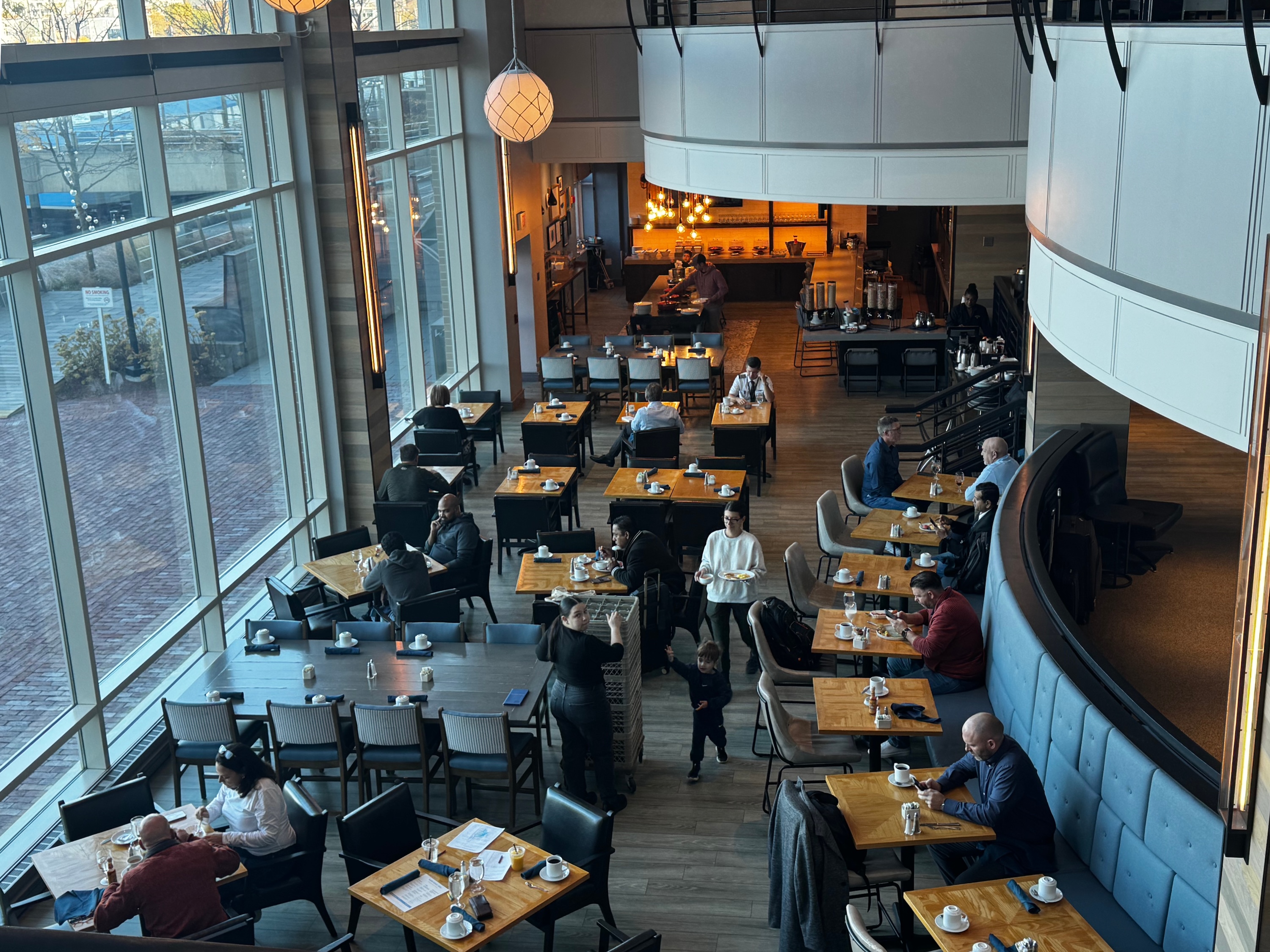 Bar seating at restaurant Hyatt Regency Boston Harbor restaurant view from above