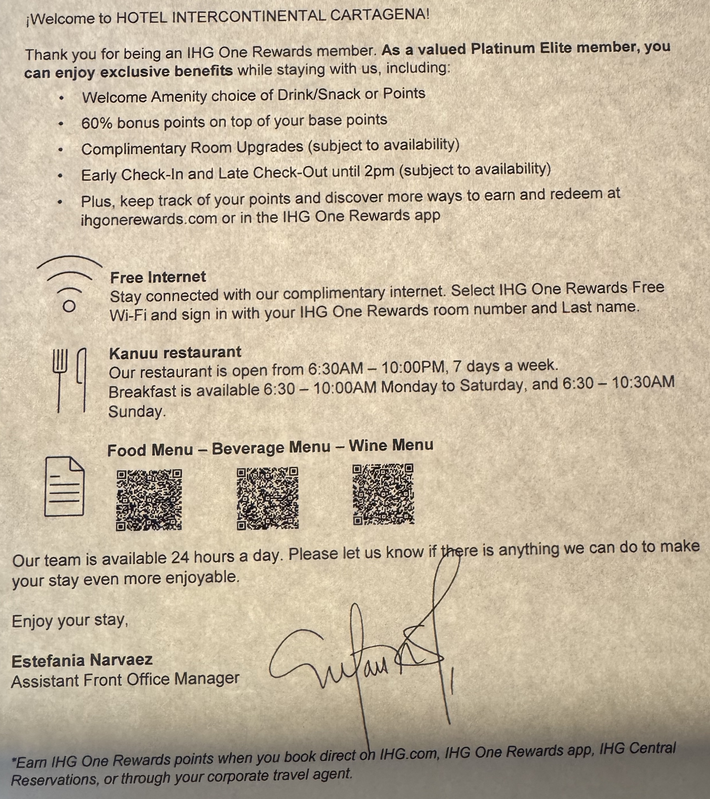 InterContinental Cartagena IHG One Rewards Letter