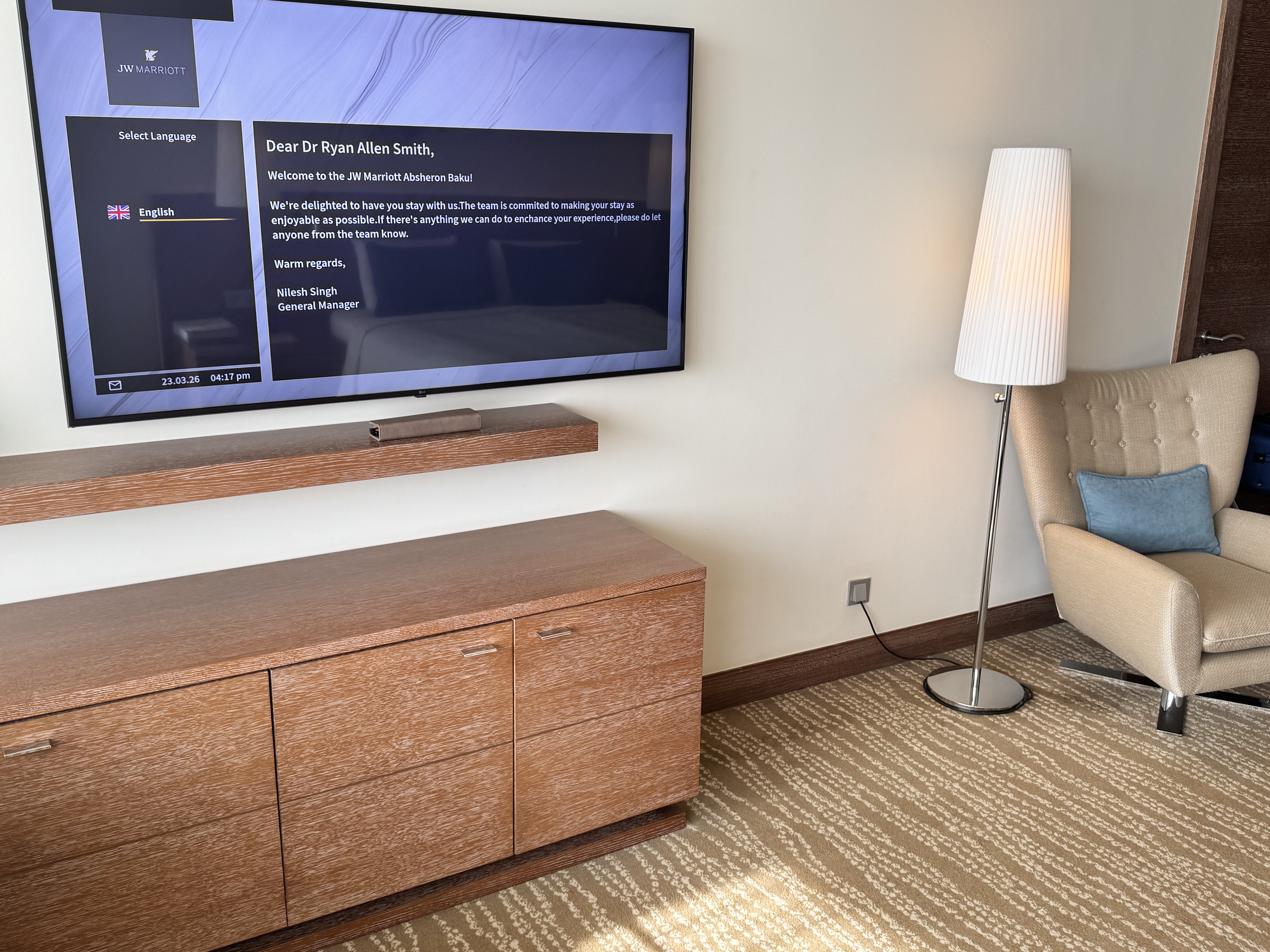 JW Marriott Absheron Baku Bedroom TV Welcome Screen