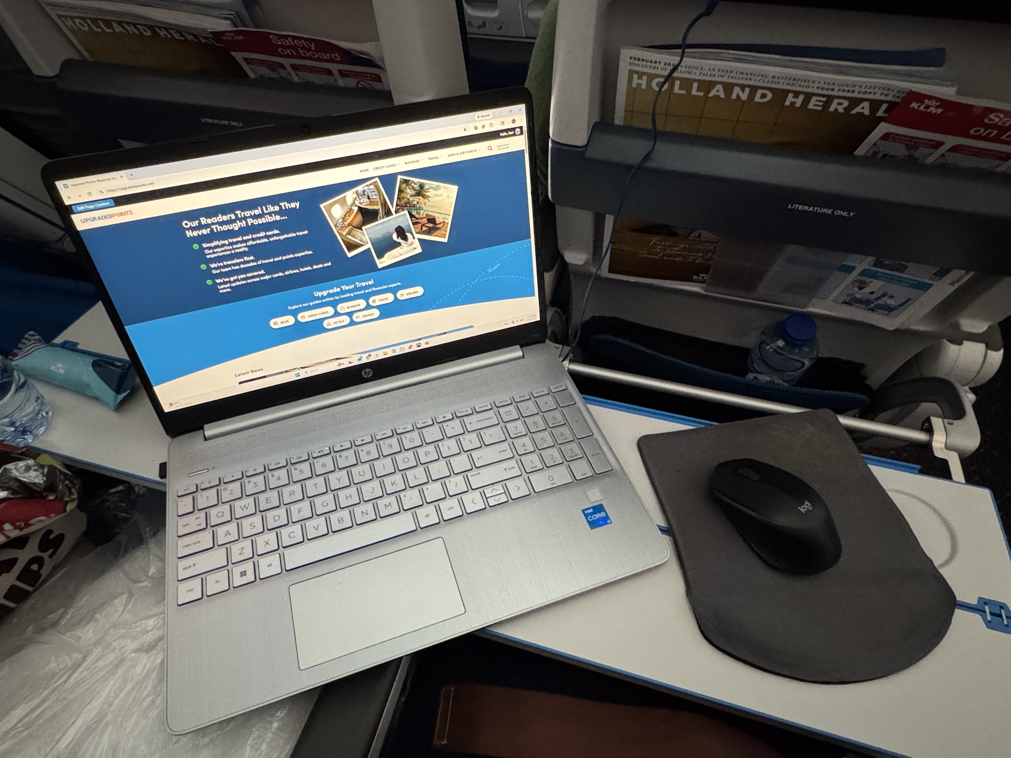 KLM 787 10 economy IAH AMS laptop across 2 tray tables