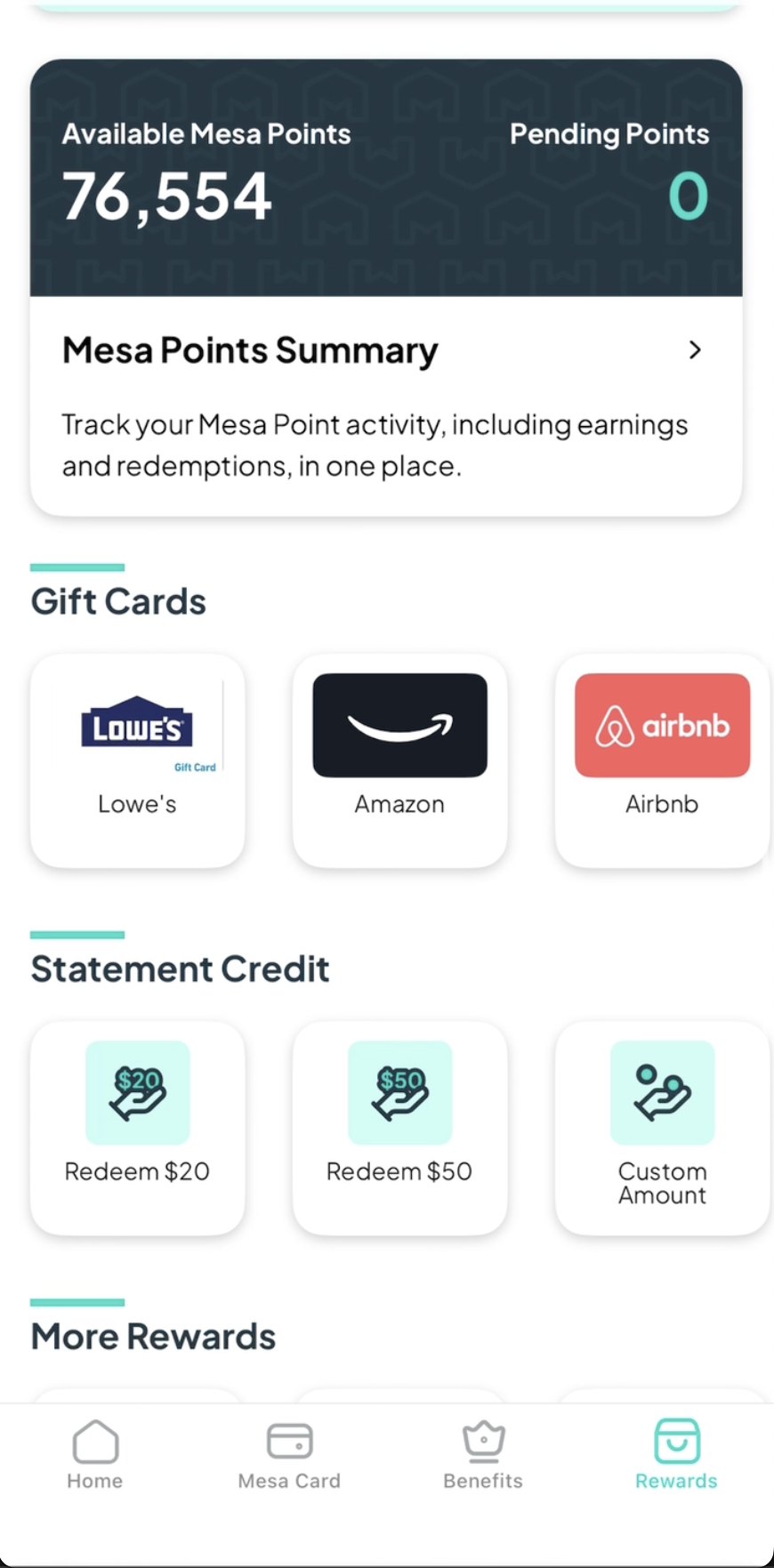 Mesa app points balance redemption options