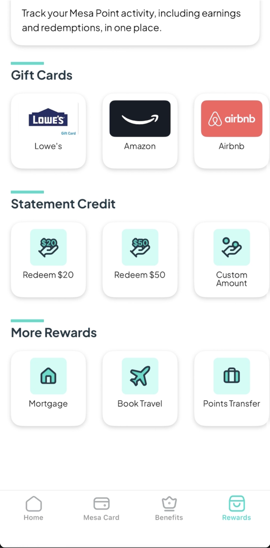 Mesa app redemption options