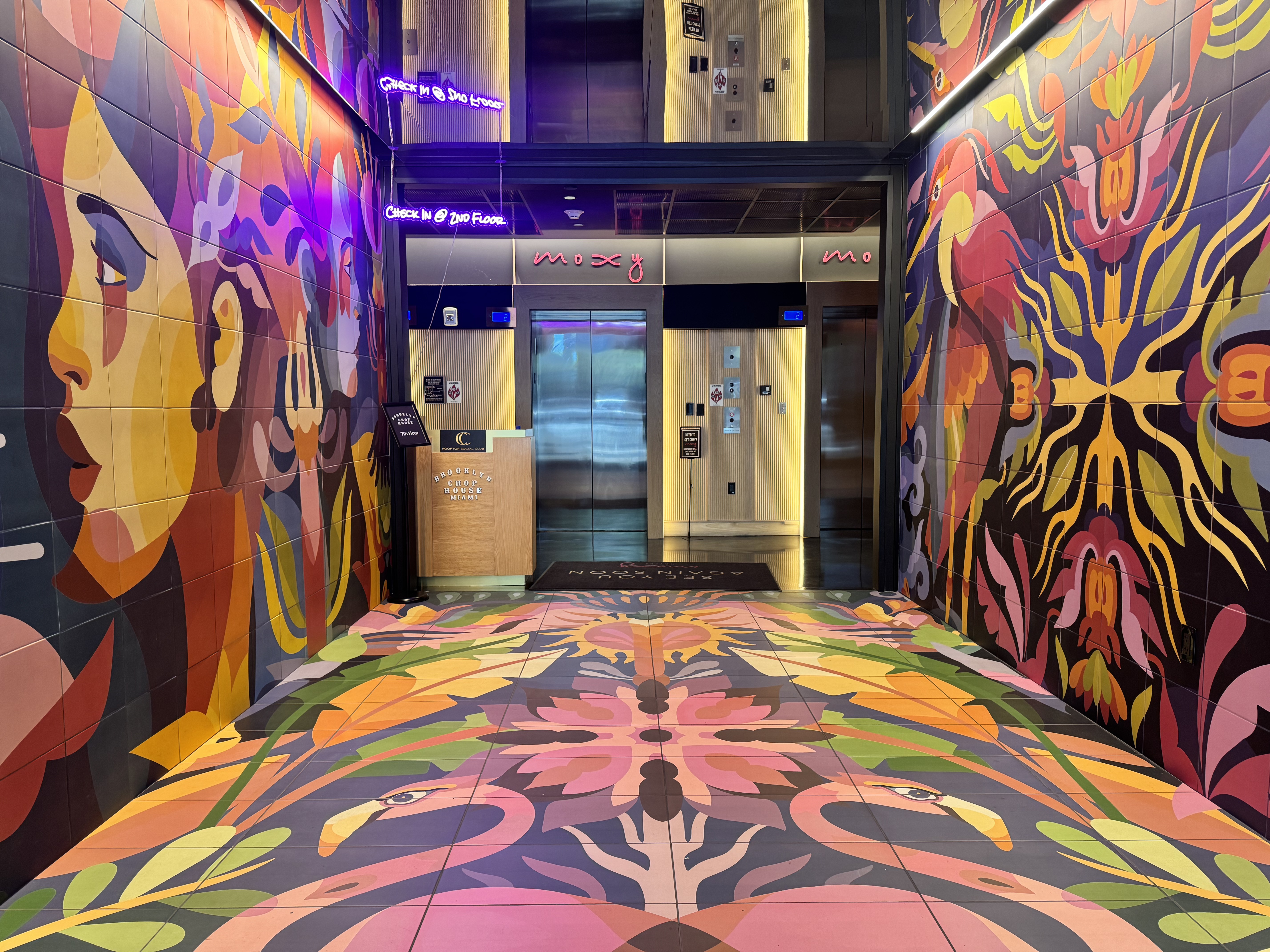 Moxy Miami Wynwood Lower Lobby Floral Mural Elevator