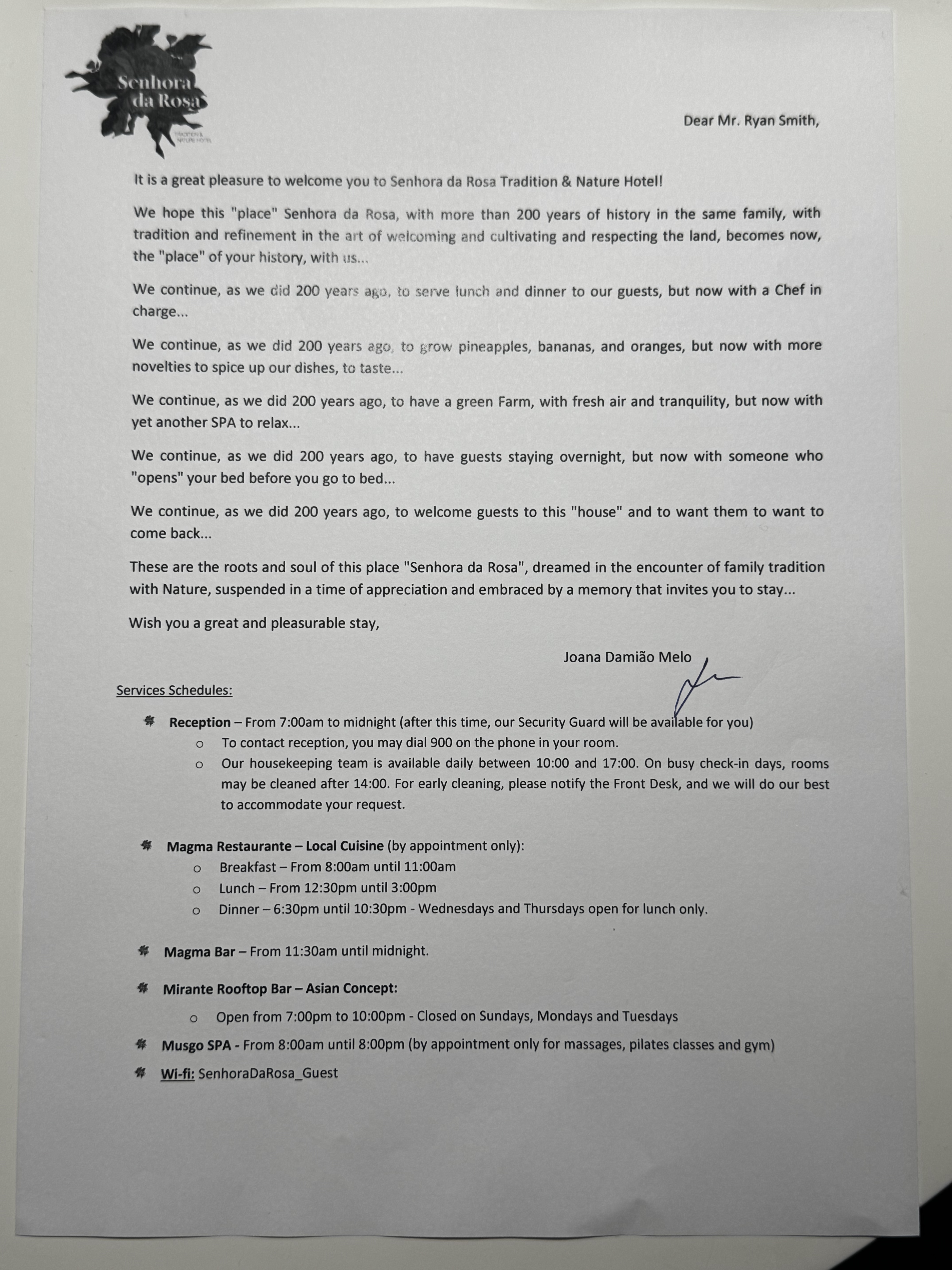 Senhora da Rosa Mr Mrs Smith Azores welcome letter Senhora da Rosa Mr Mrs Smith Azores welcome letter