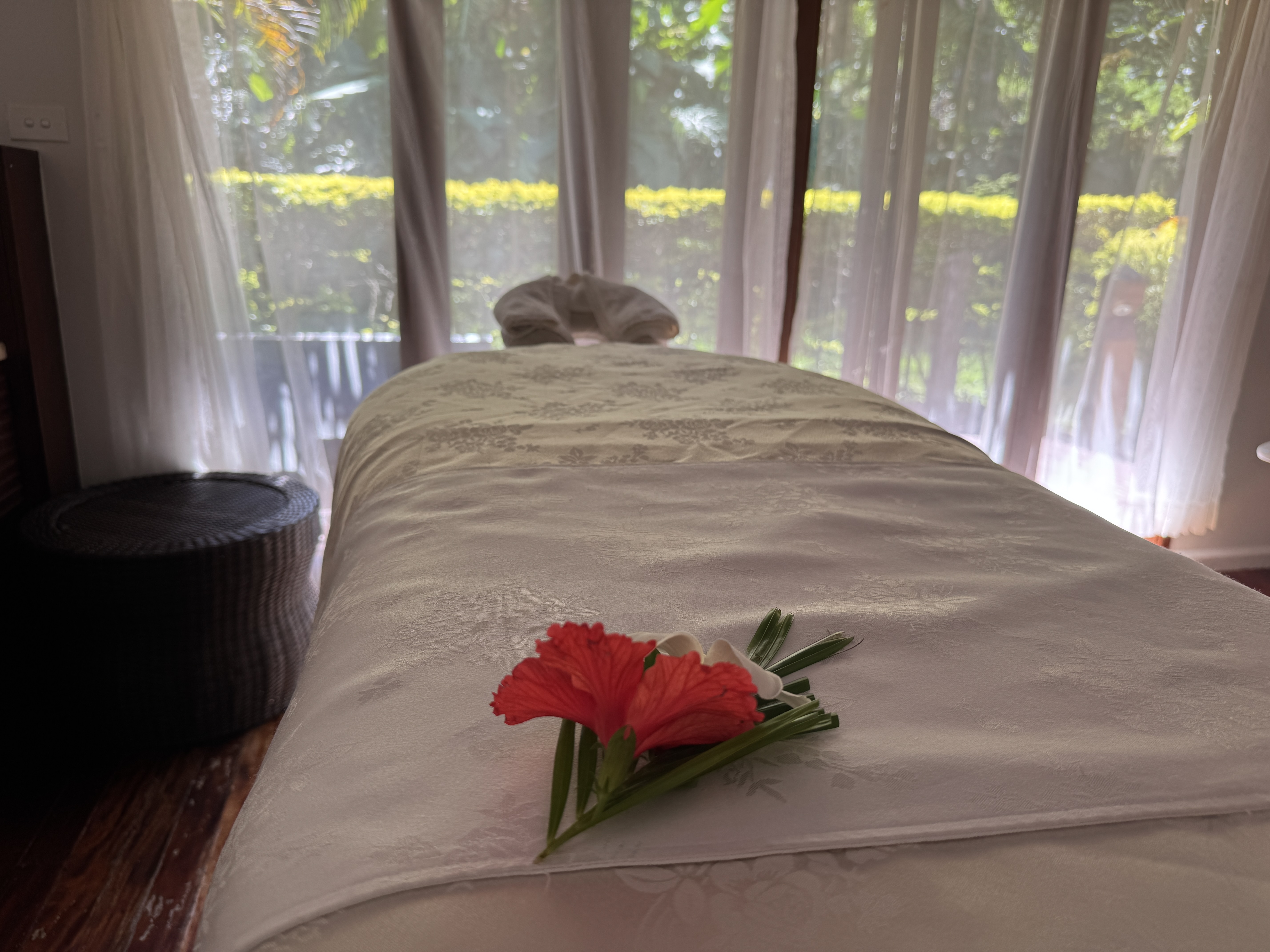 Sheraton Tokoriki Island Spa treatment room with massage table garden view Sheraton Tokoriki Island Spa treatment room with massage table garden view