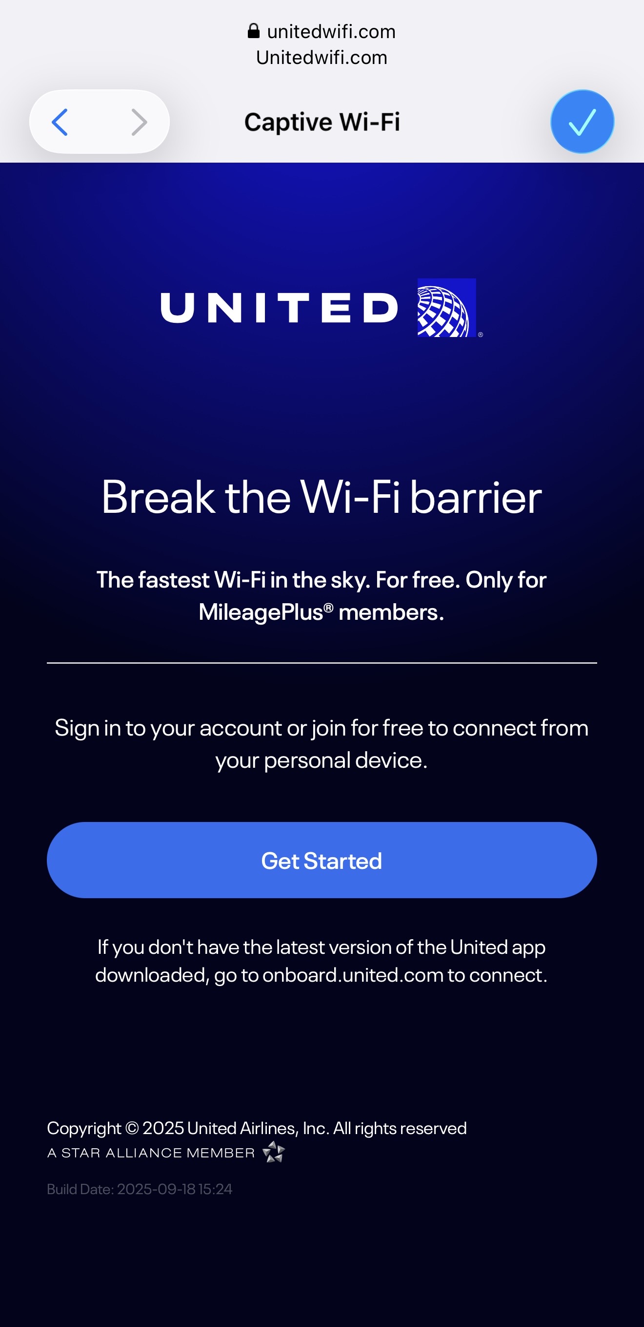 Screenshot United Starlink Start Page on iPhone