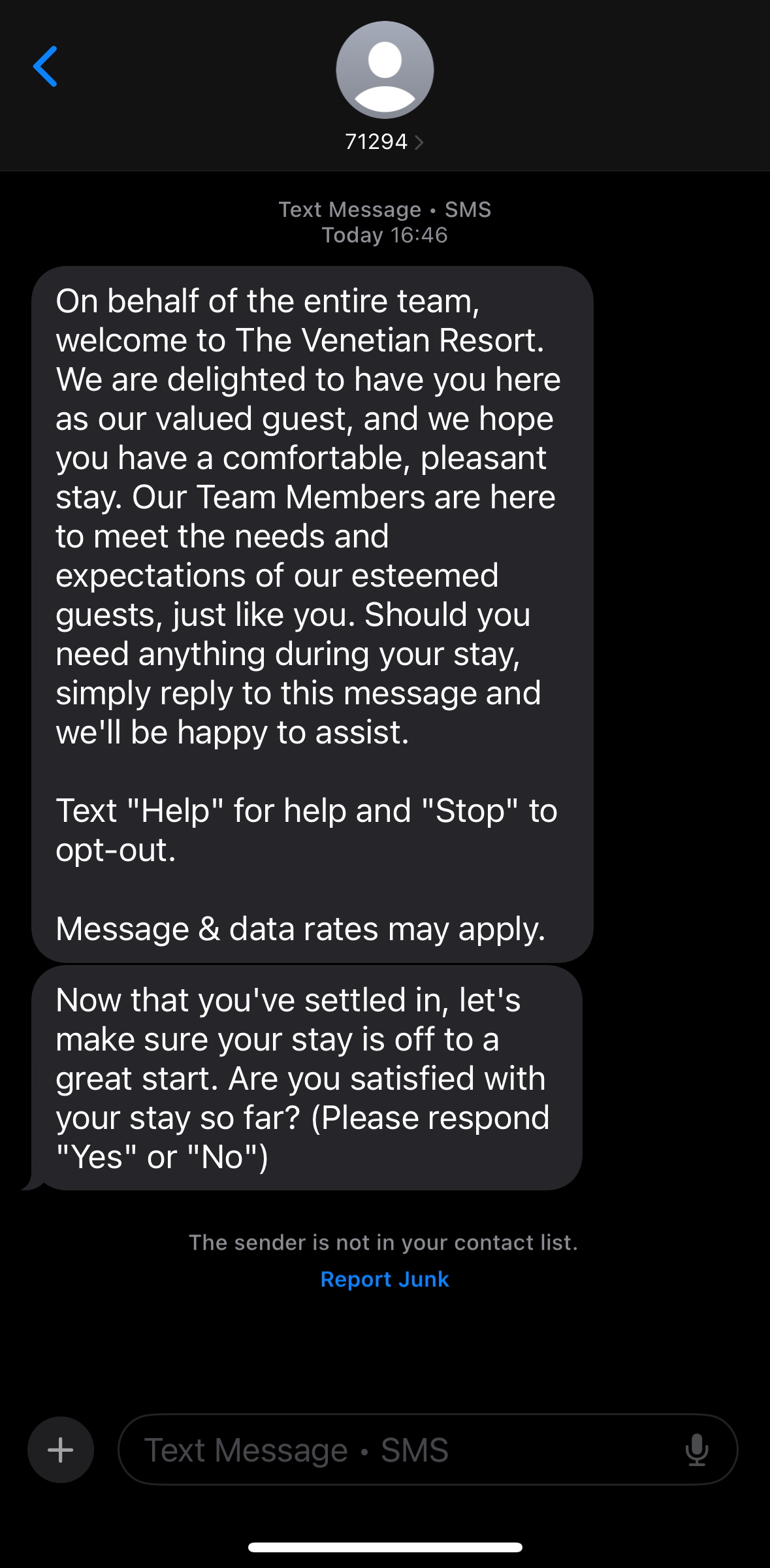 Venetian Las Vegas welcome text message