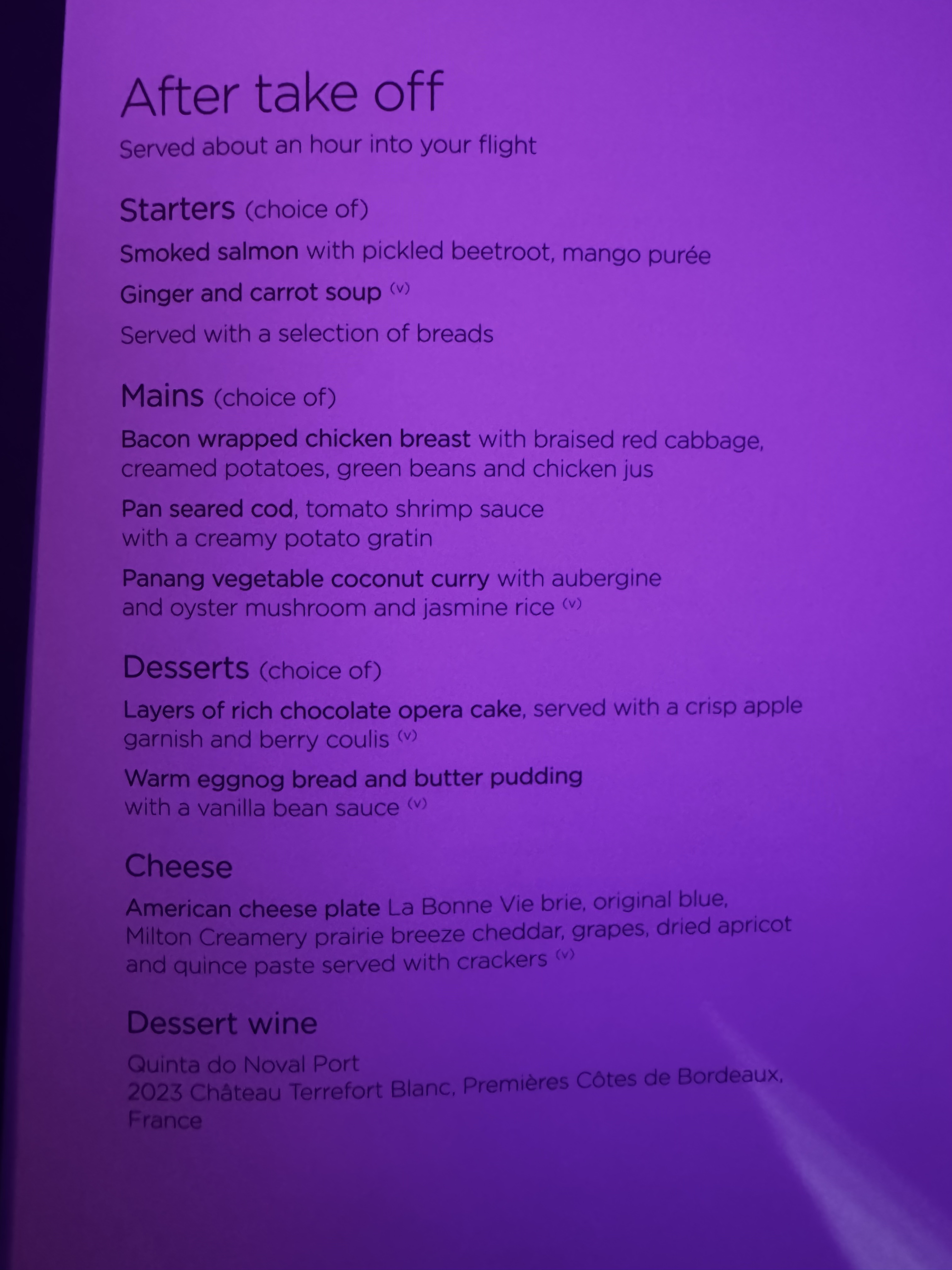Virgin Atlantic A350 1000 Upper Class menu