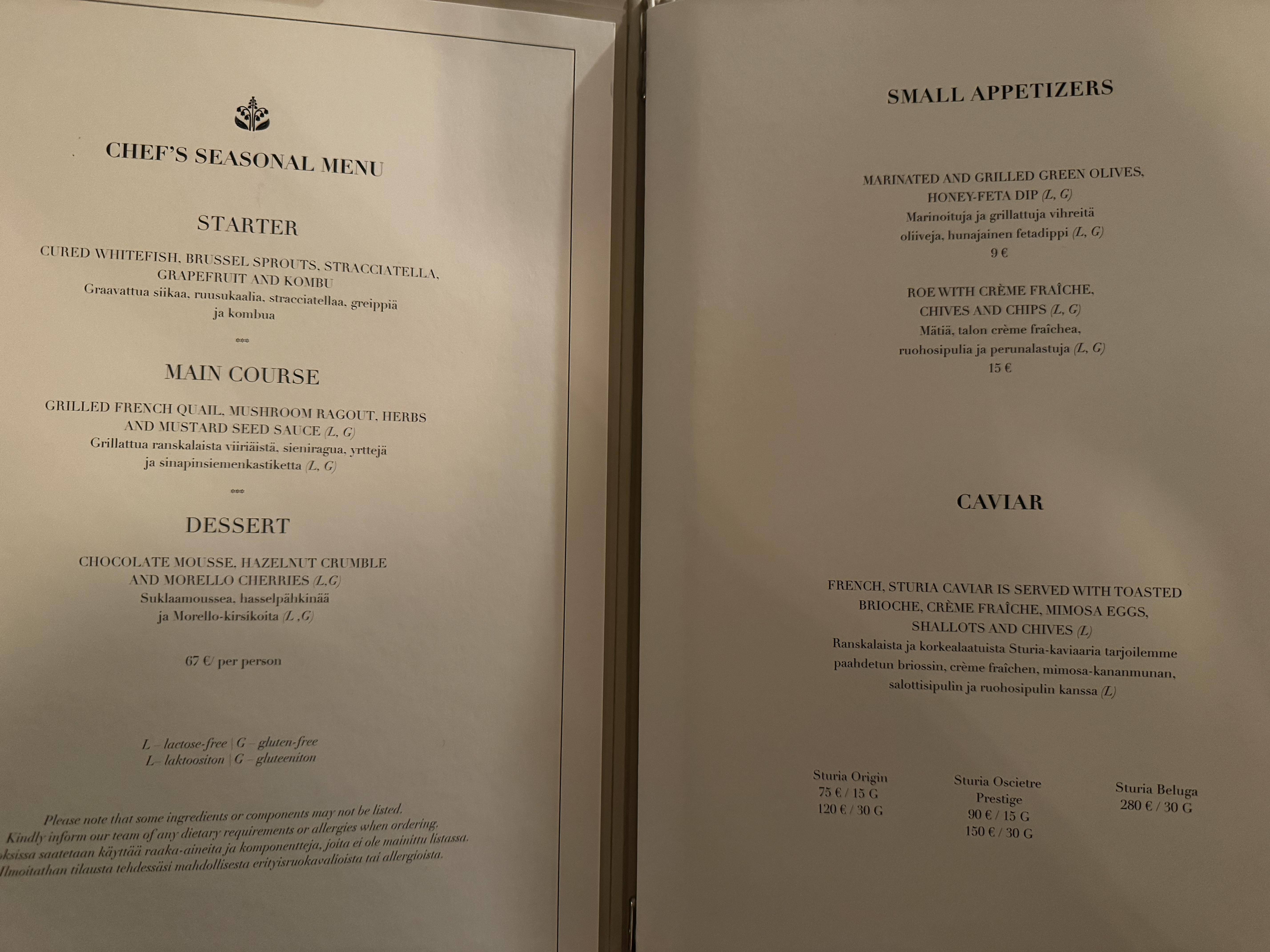 Waldorf Astoria Helsinki Lilja Terrace menu starters