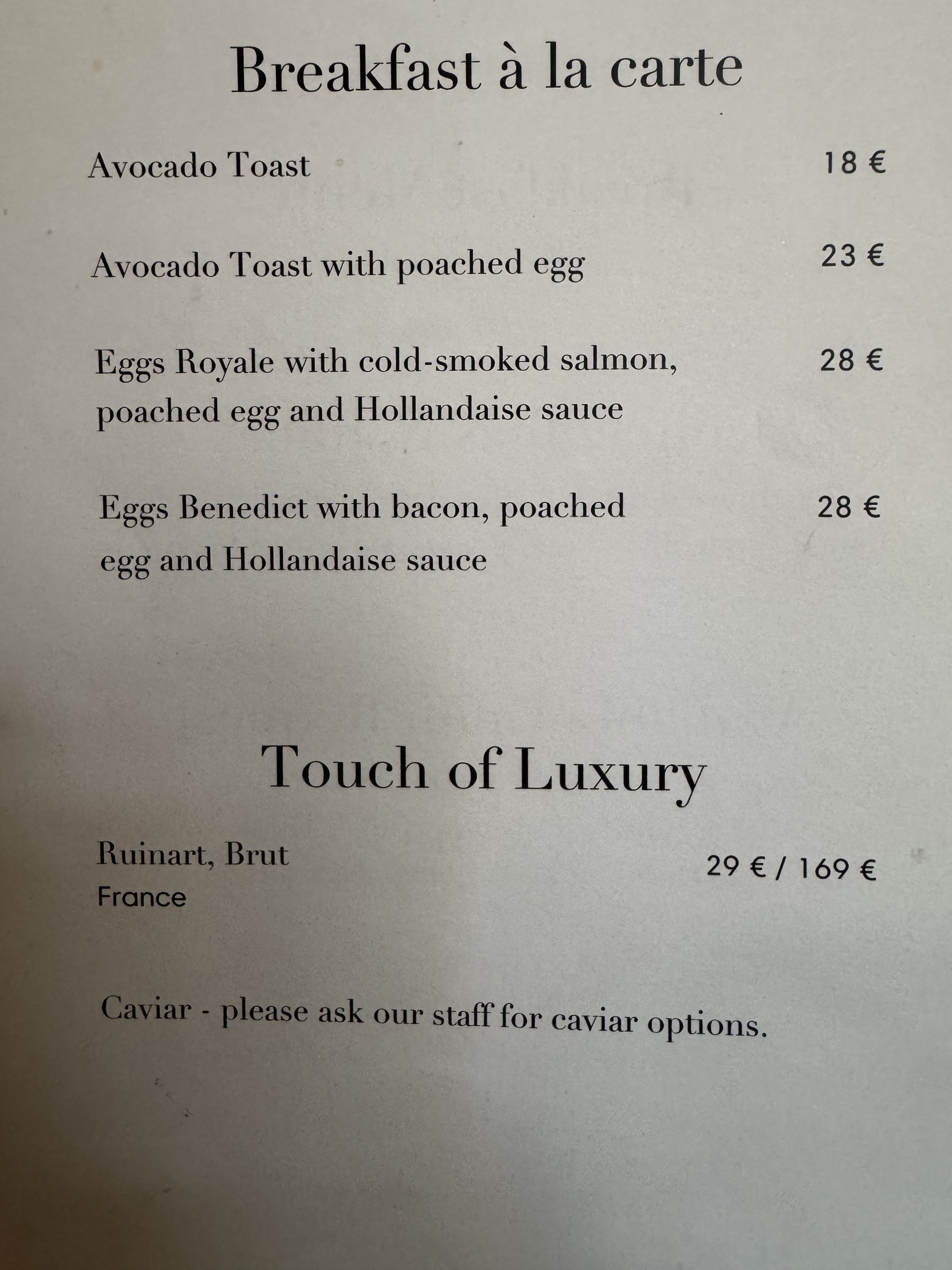 Waldorf Astoria Helsinki breakfast menu a la carte