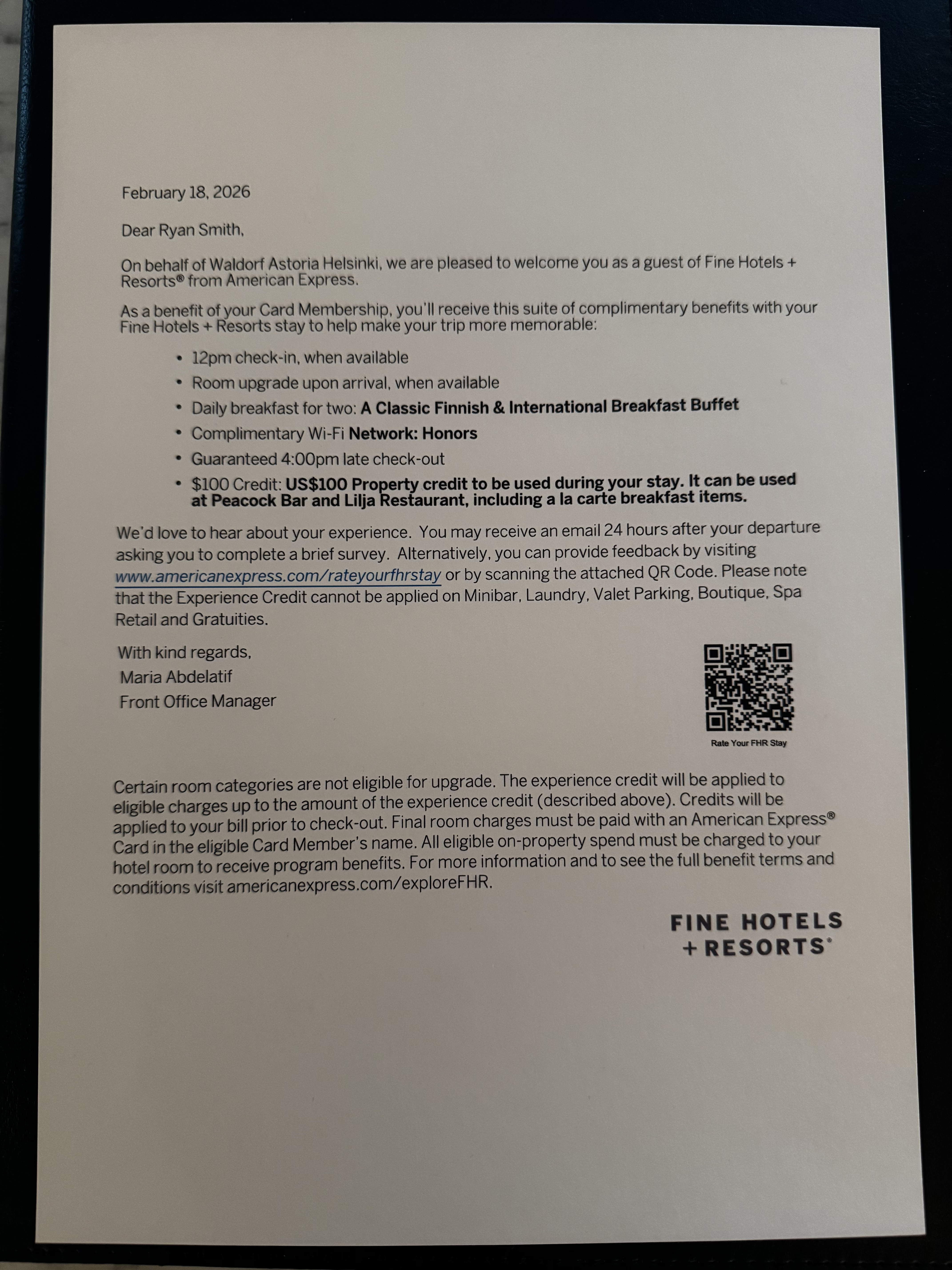 Waldorf Astoria Helsinki welcome letter