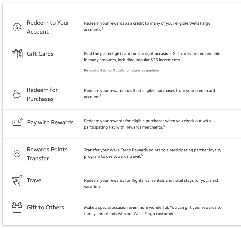 Wells Fargo Rewards redemption options Wells Fargo Rewards redemption options