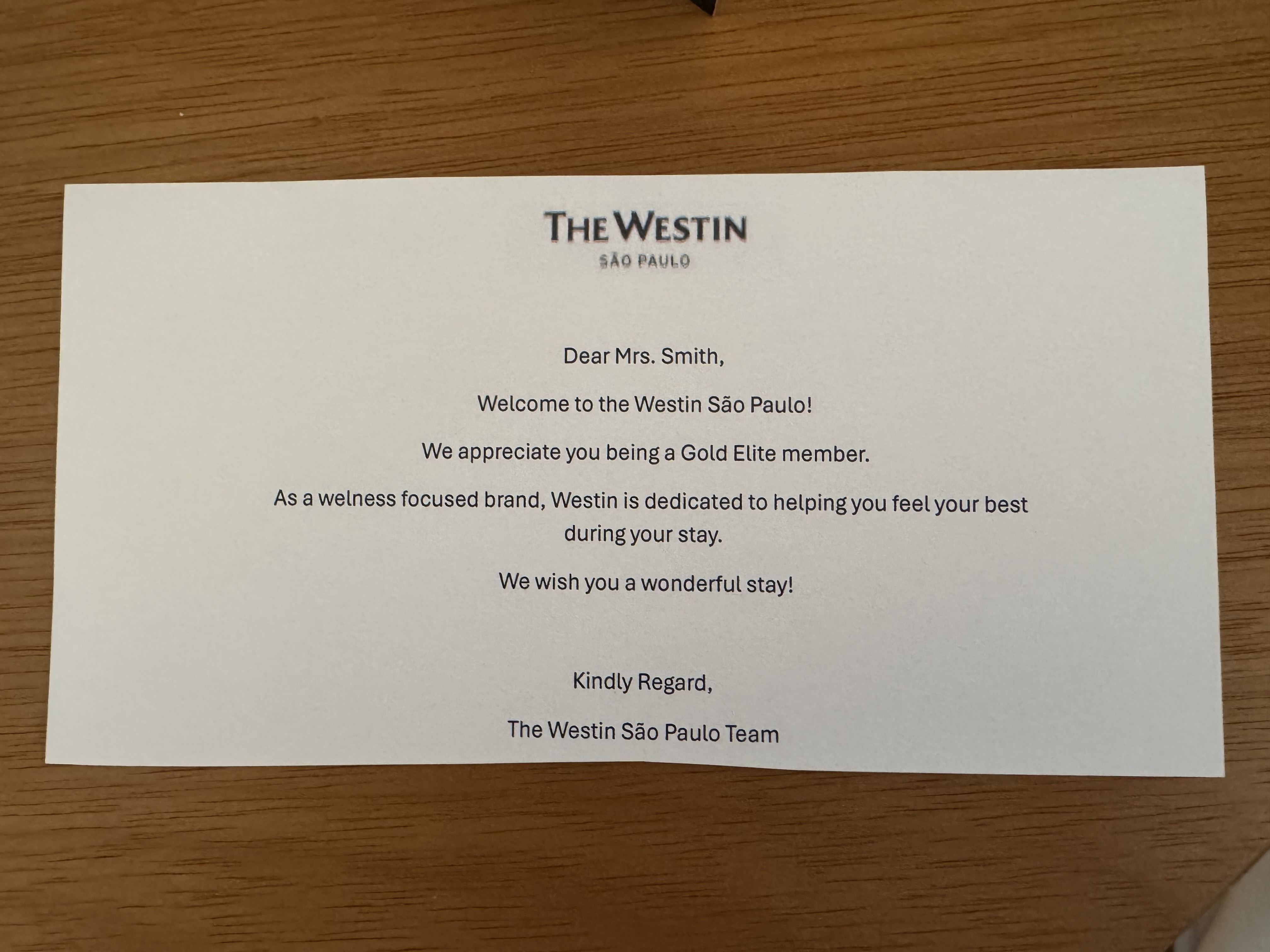 Westin Sao Paulo Marriott welcome note Westin Sao Paulo Marriott welcome note