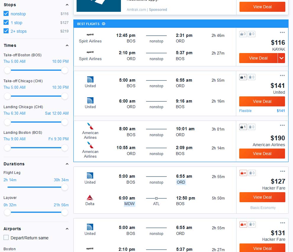 Narrow flight search results on Kayak