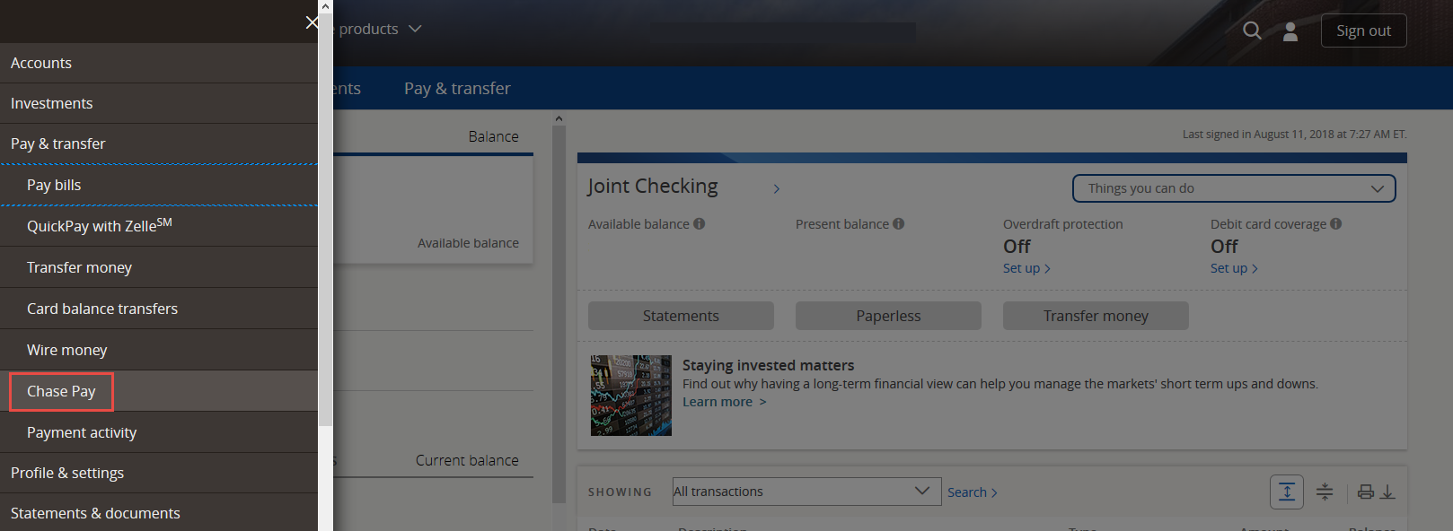 Chase Pay menu