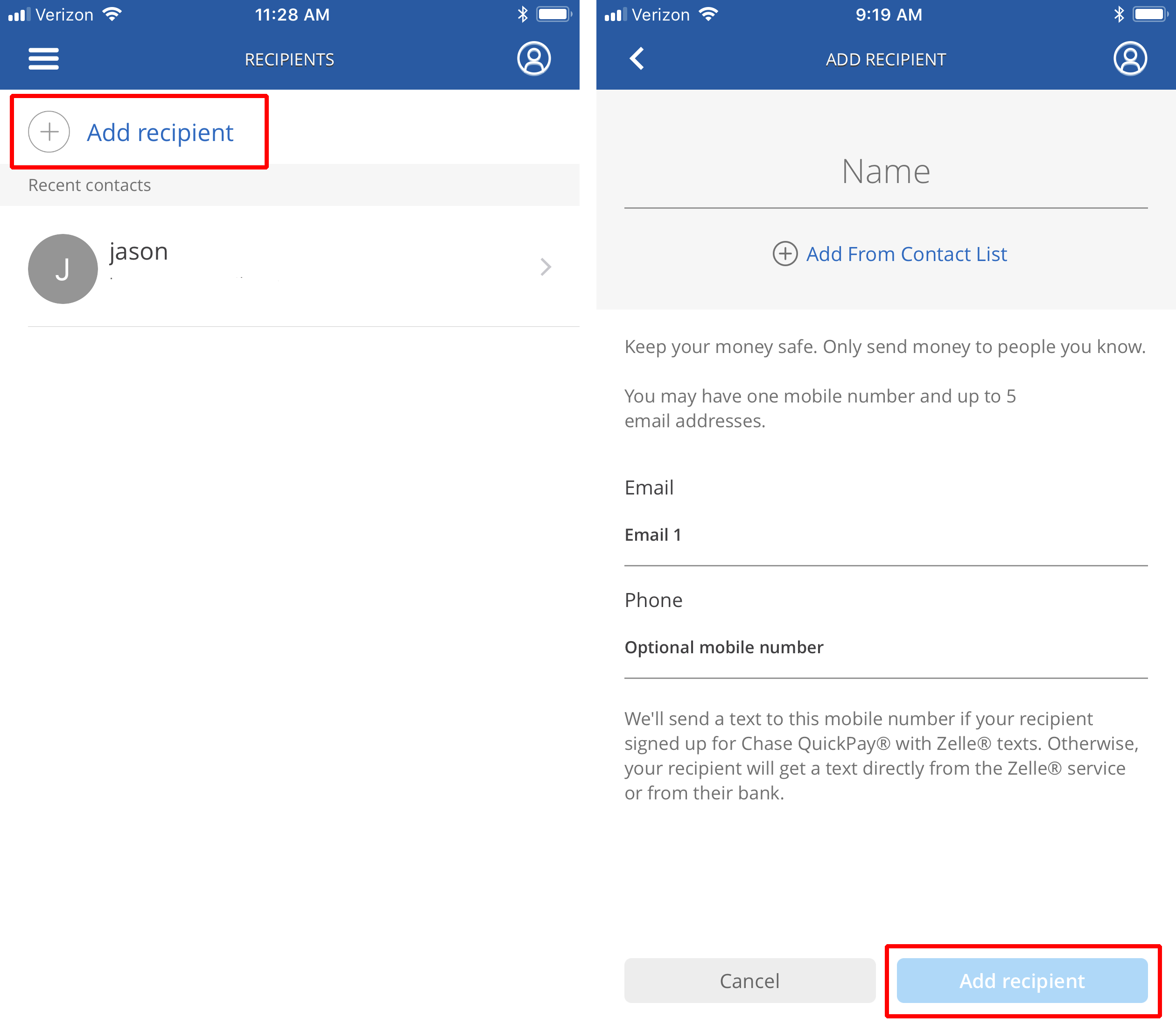 Chase QuickPay Manage Recipients