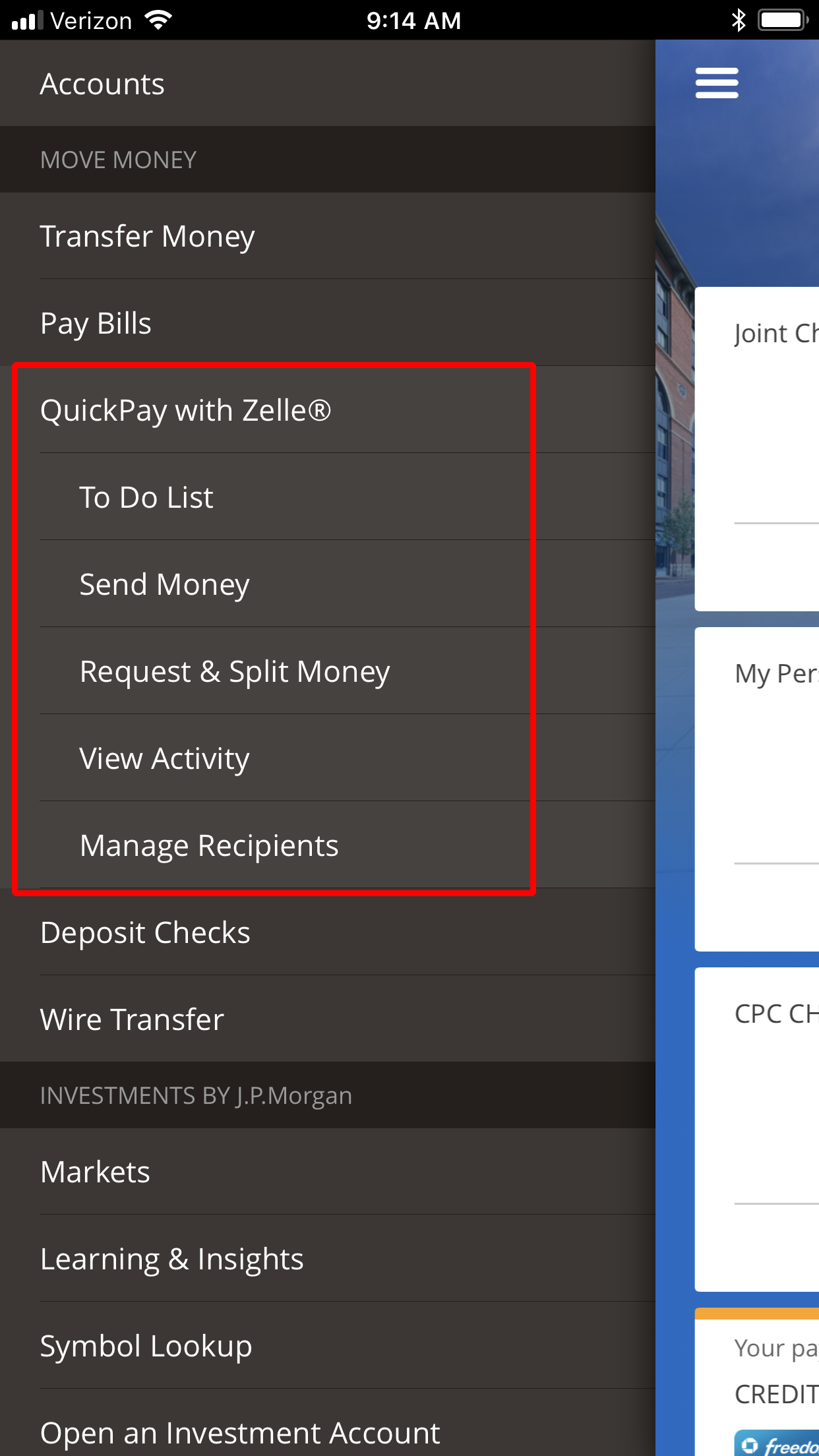 Chase QuickPay Mobile Menu