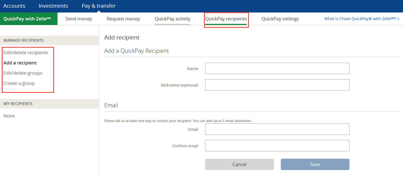 Chase QuickPay Recipients