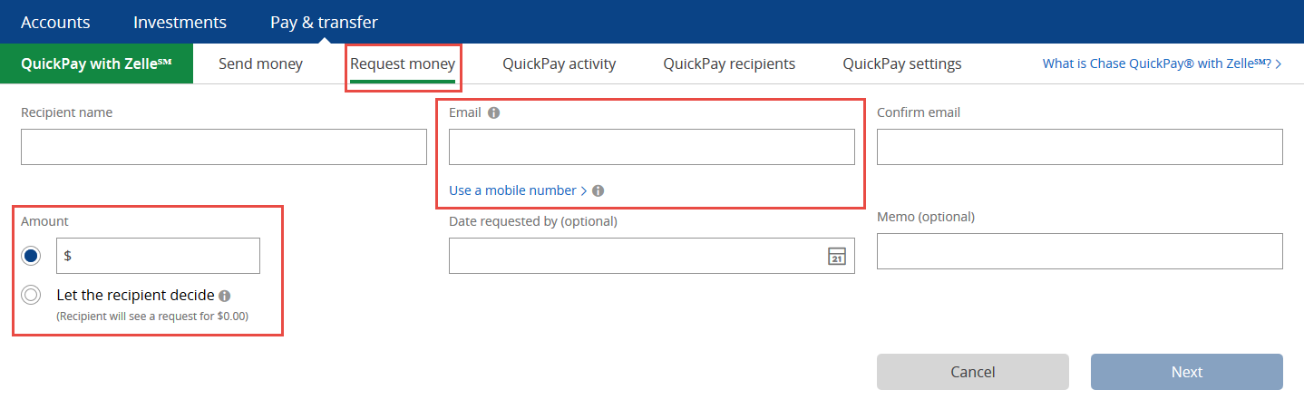 Chase QuickPay Requesting Money