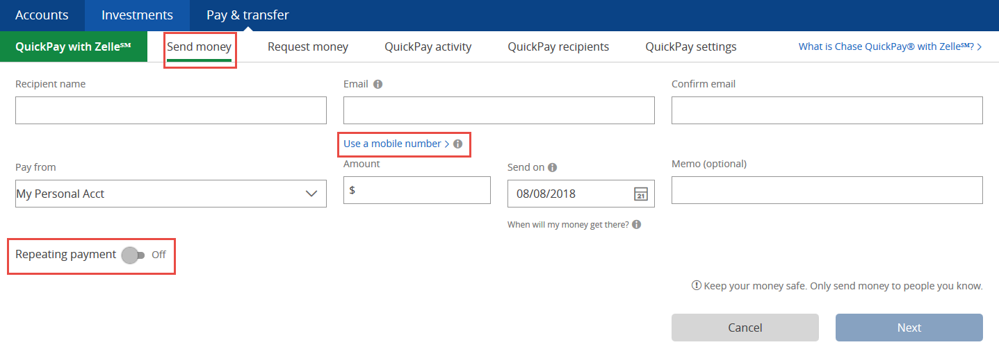 Chase QuickPay Sending Money