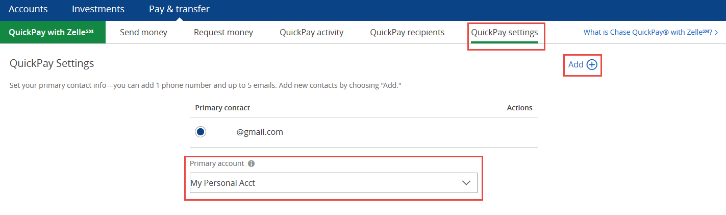 Chase QuickPay Settings