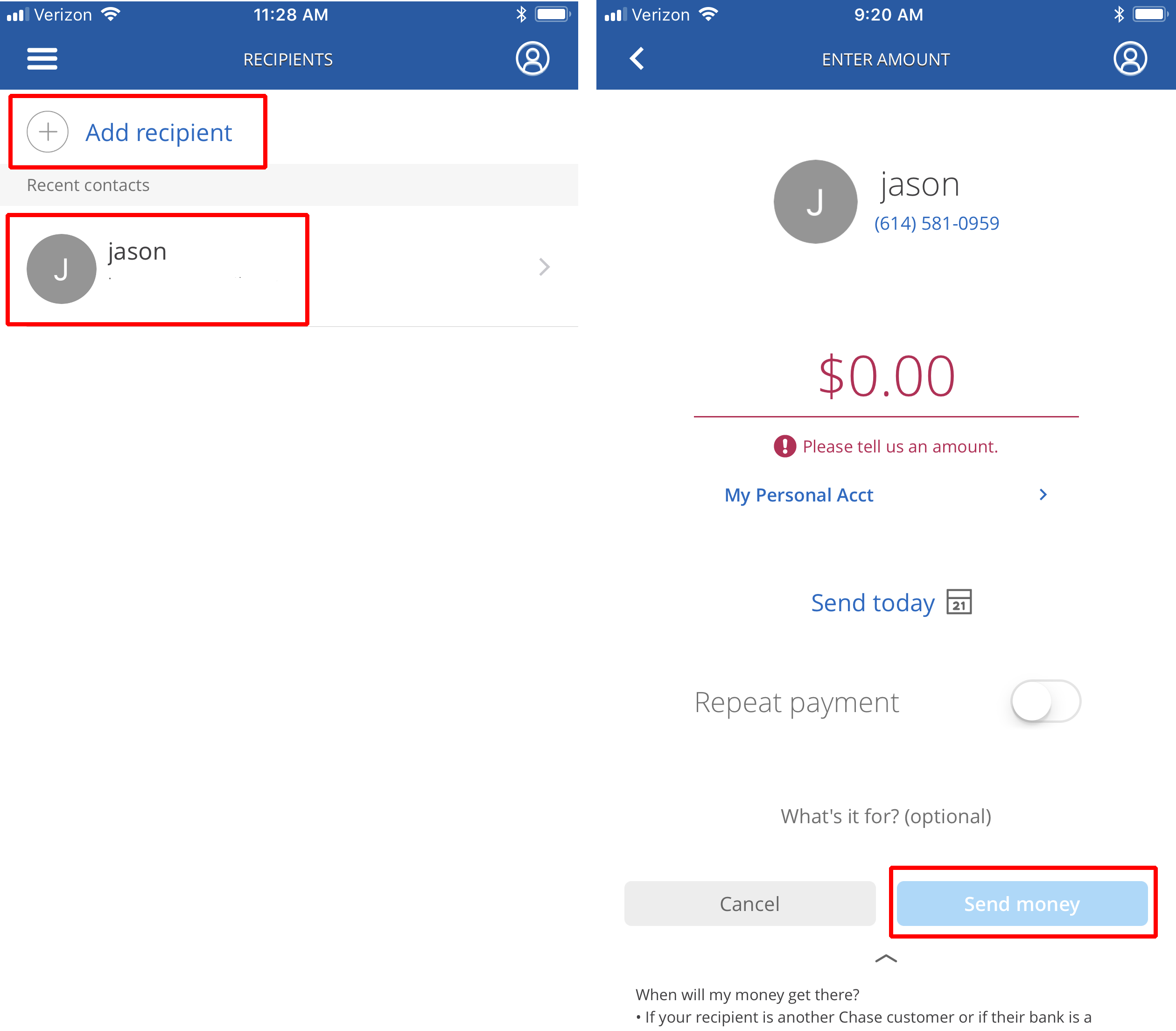 Sending Money With Chase QuickPay on mobile