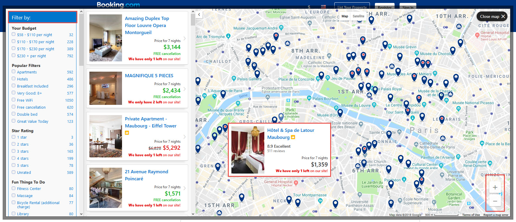 Booking.com Accomodation search - map view details