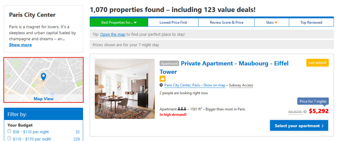 Booking.com Accomodation search - view map