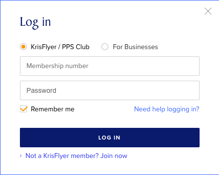 Singapore Airlines Login Screen