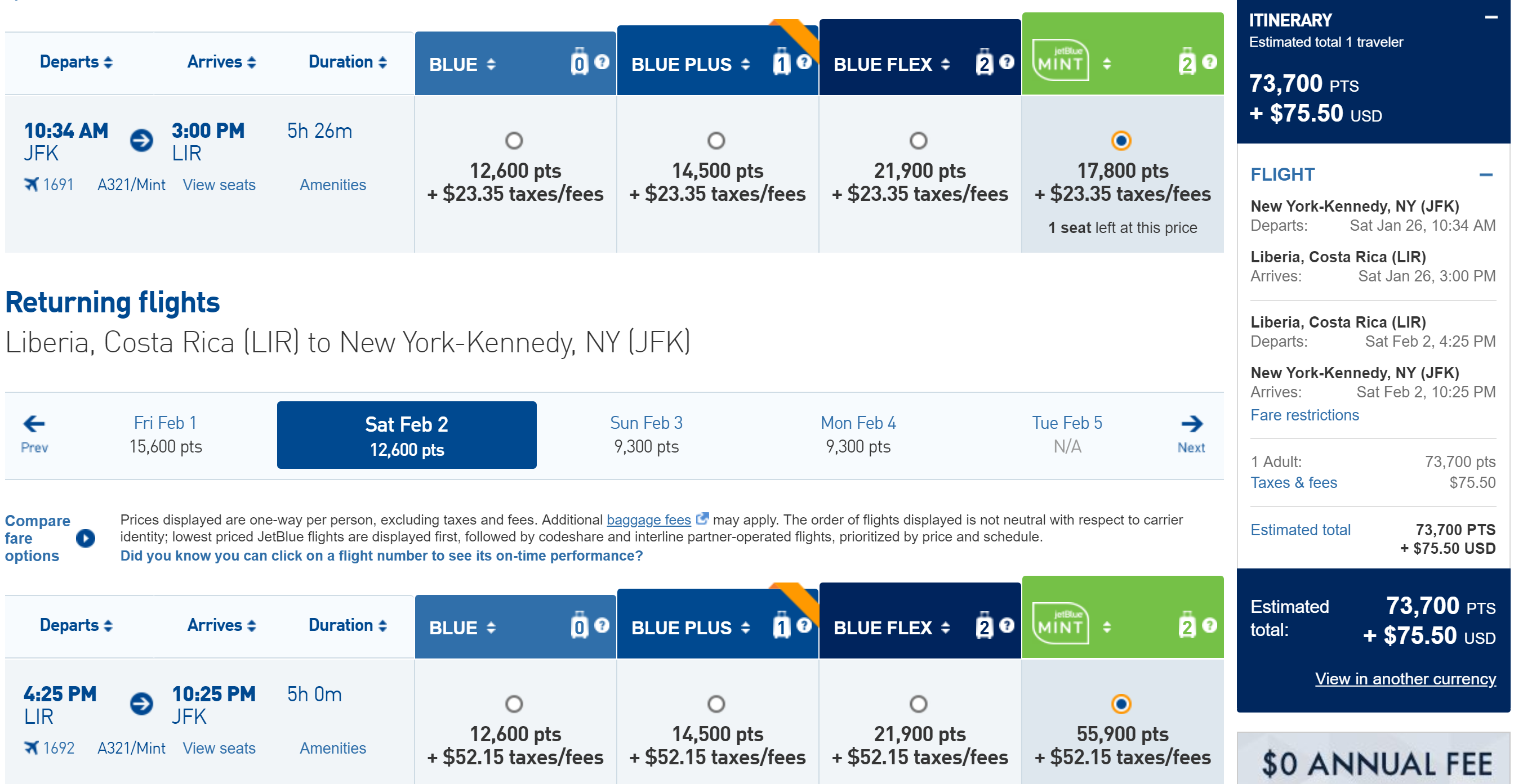 JFK LIR JetBlue Mint Award Cost JetBlue Award Search