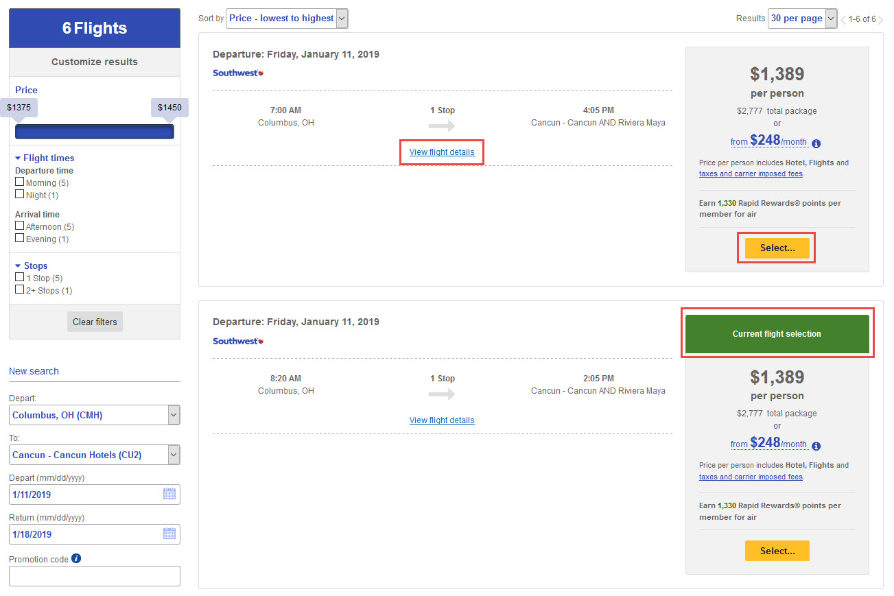 Southwest Vacations Flight Search