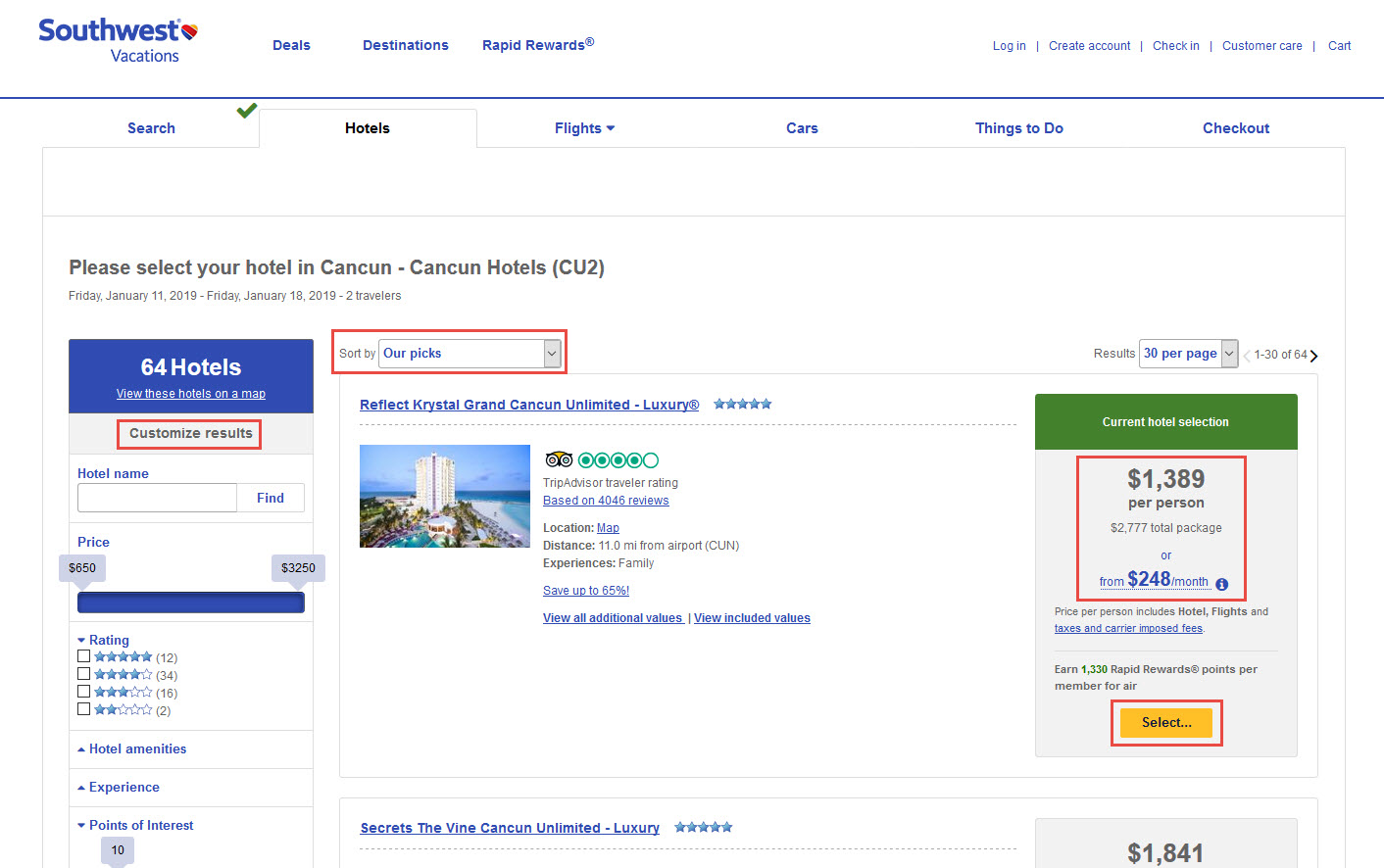 Southwest Vacations Hotel Search